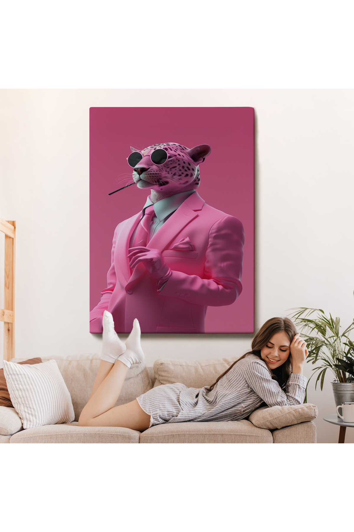 Sigara İçen Pembe Leopar Kanvas Tablo görsel 7