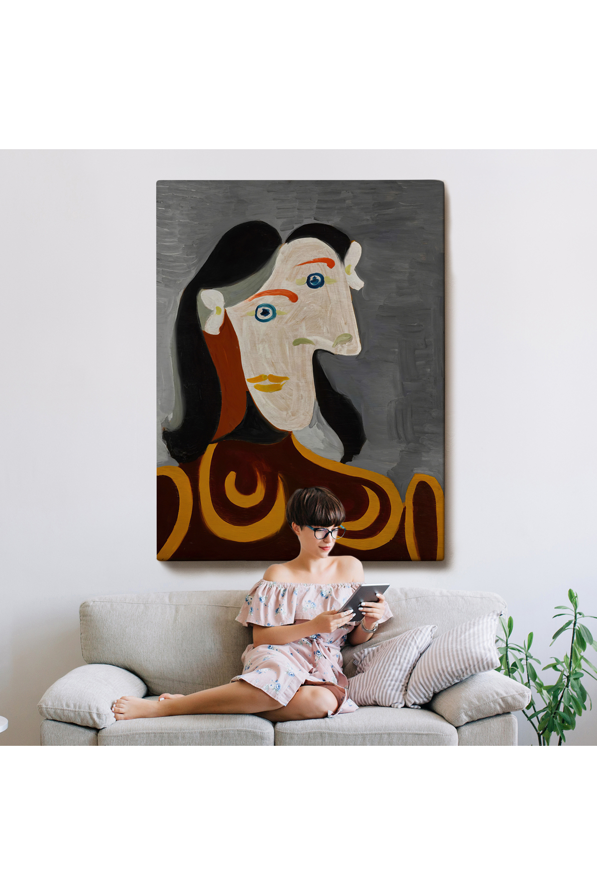 Pablo Picasso - Kahverengi Elbiseli Kadının Büst Kanvas Tablosu görsel 8