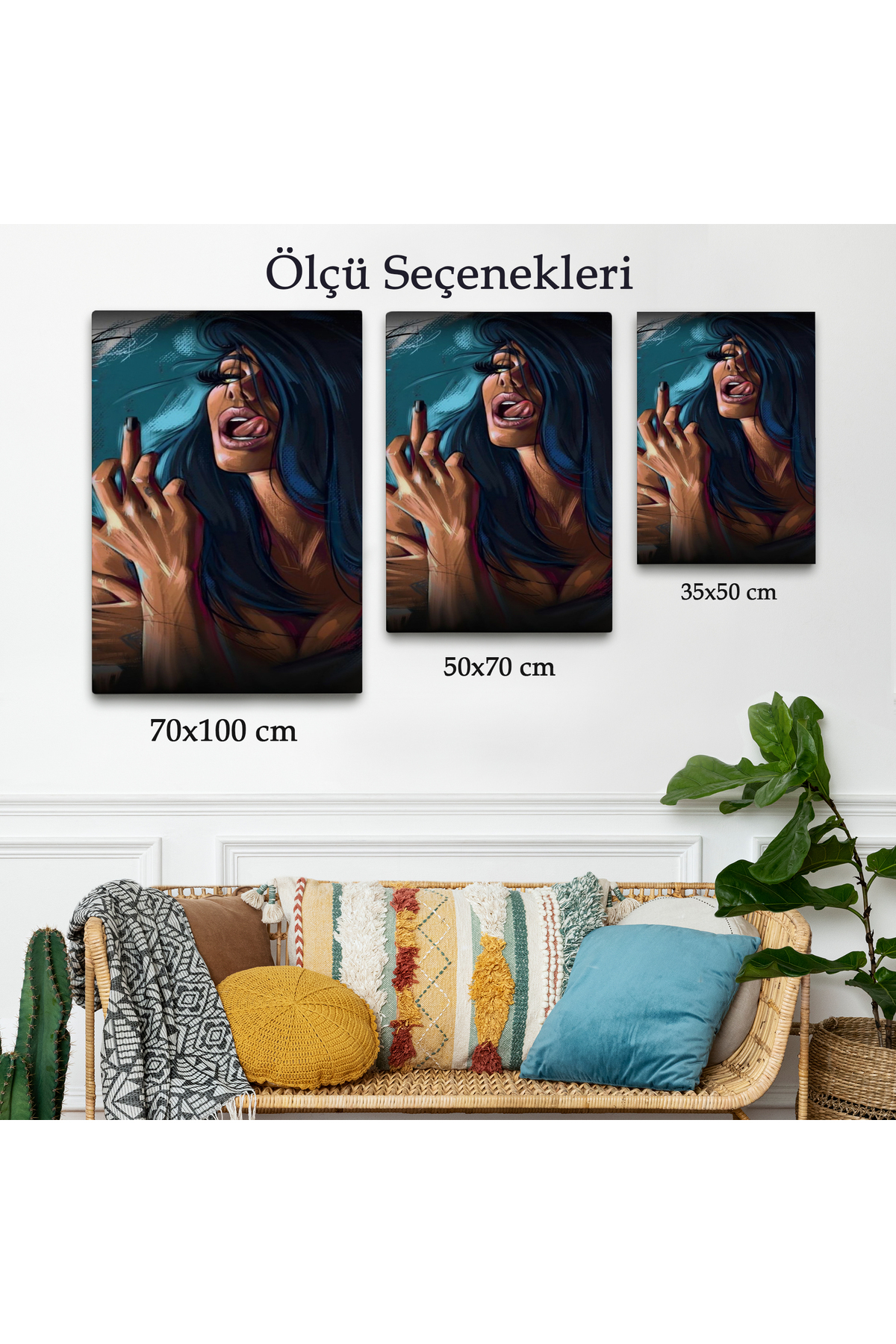 Parmak İşareti Yapan Kadın Kanvas Tablo görsel 3