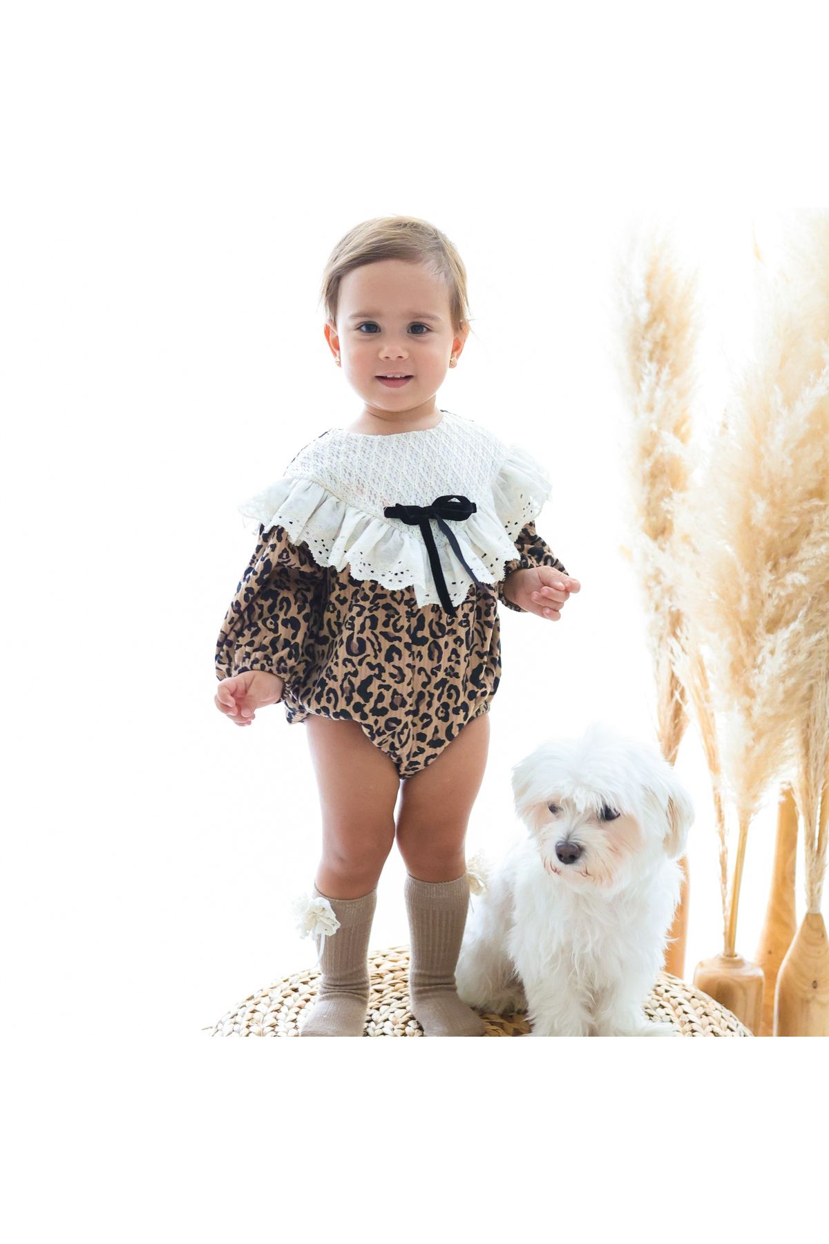 aysskids-Stella Leopard Patterned Velvet Romper - Holiday Jumpsuit 5