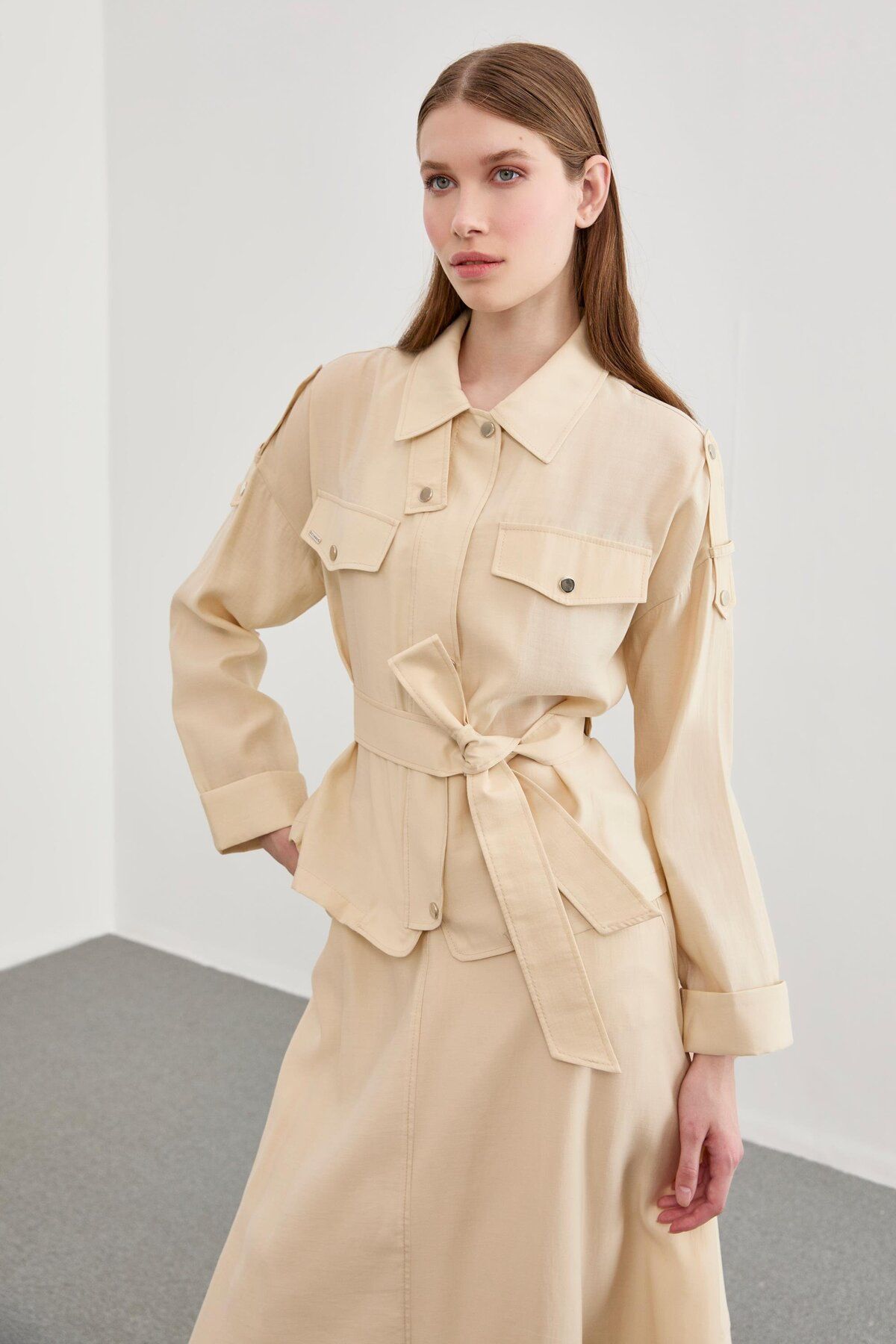 Zühre-Pocket Detailed Skirt Shirt Beige Combination Set TK-1233 1