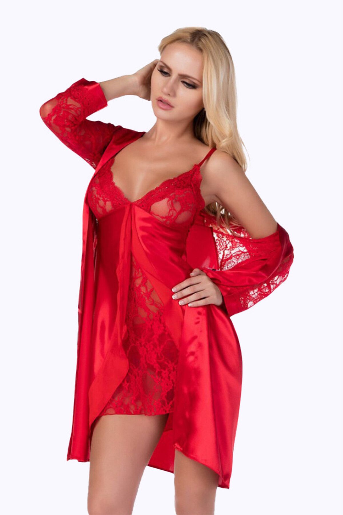 NBB-Red Satin - Lace Detailed Nightgown and Dressing Gown Set 1