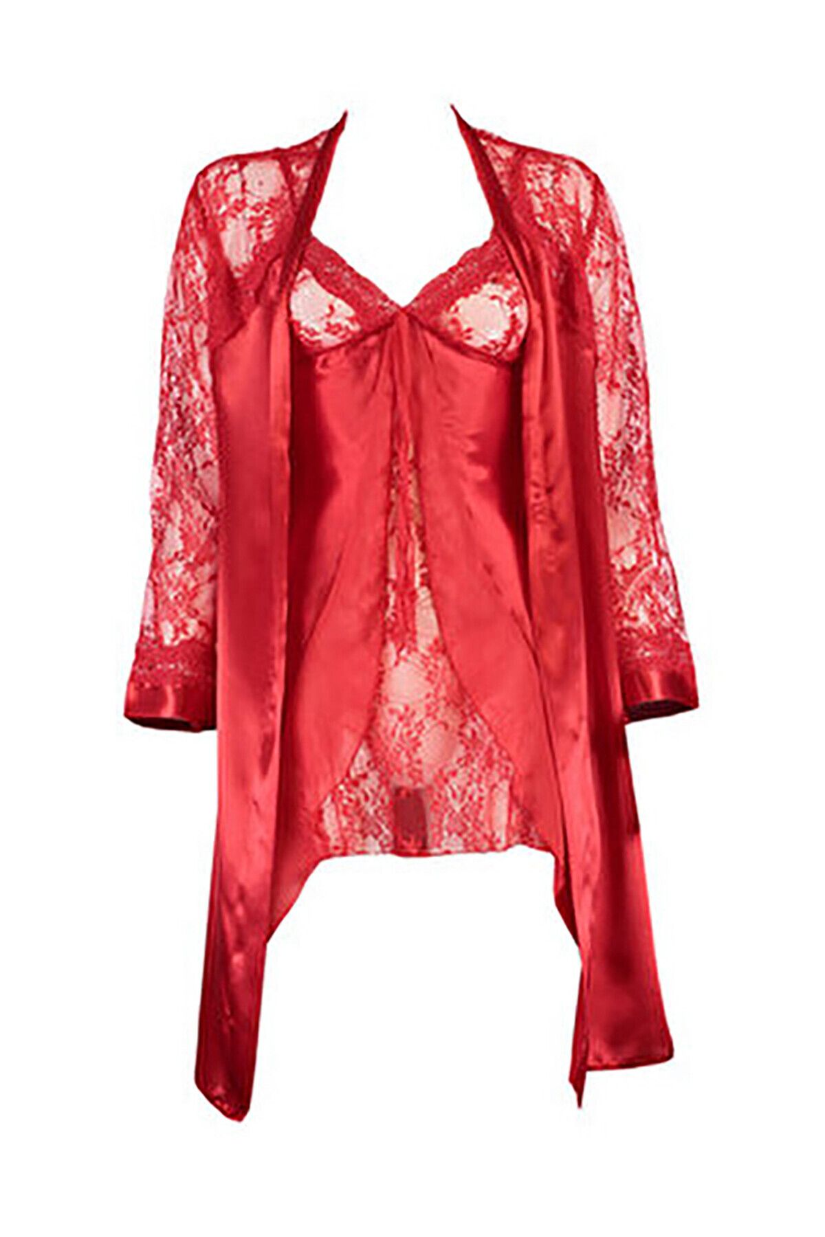 NBB-Red Satin - Lace Detailed Nightgown and Dressing Gown Set 2