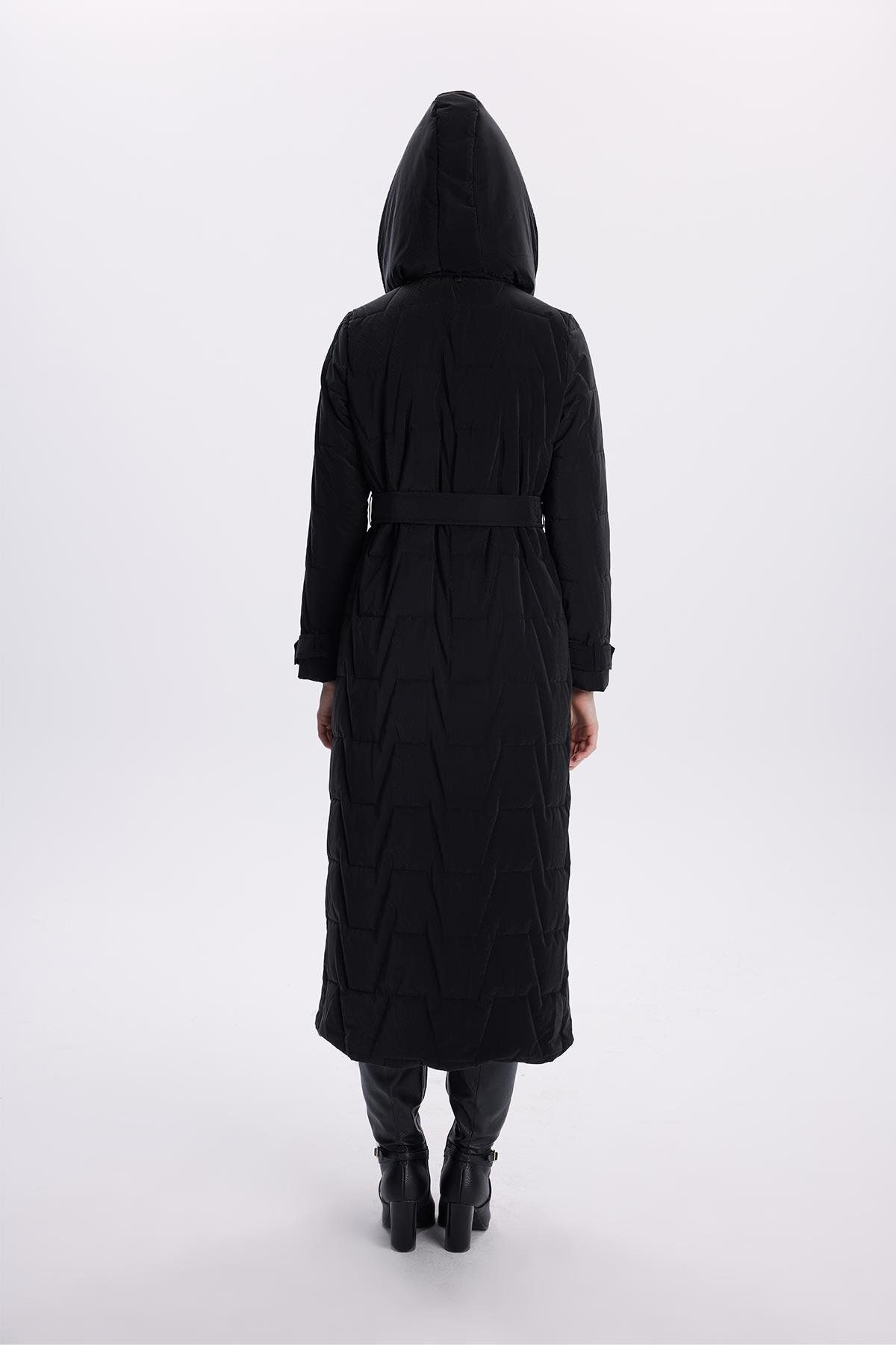 Zühre-Quilted Black Coat with Hooded Belt Detail 13680 5