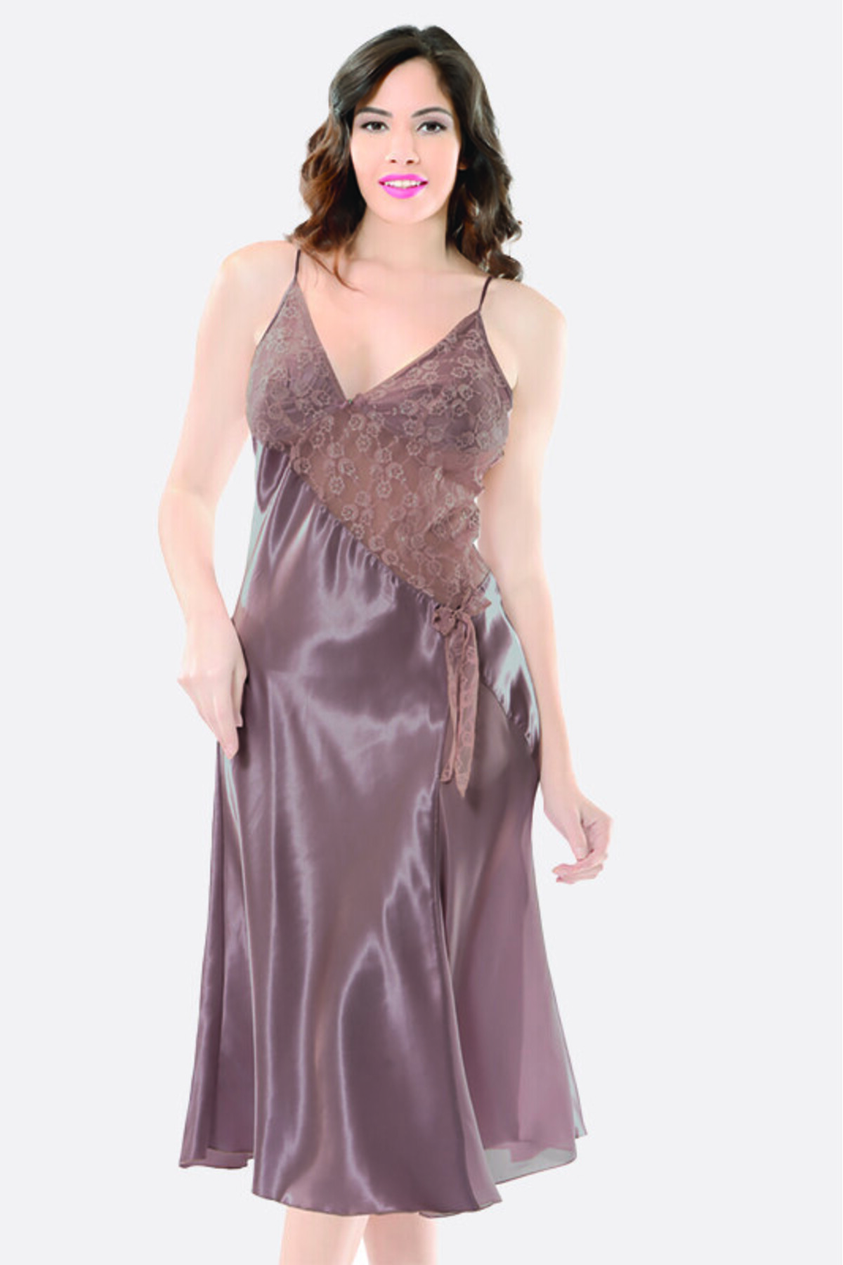 Nbb Vizon Asimetrik Transparan Saten Uzun Gecelik