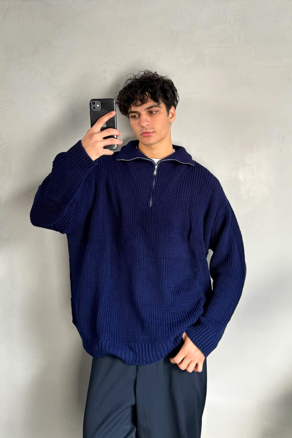 Flaw Wear-Half Zip Basic Oversize Navy Blue Knitwear Sweater 1