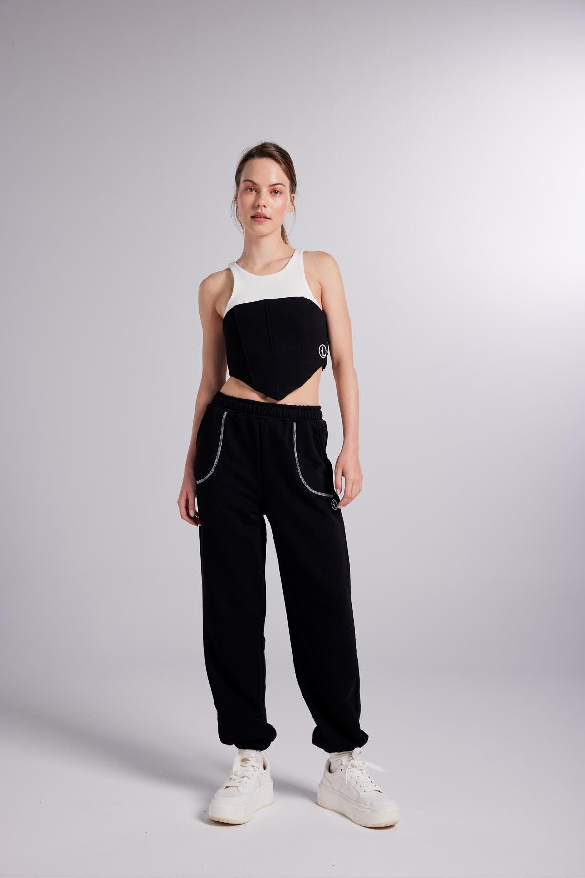 HOLLY LOLLY-Elastic Leg Constrast Stitched Rhode Sweatpants Black 2