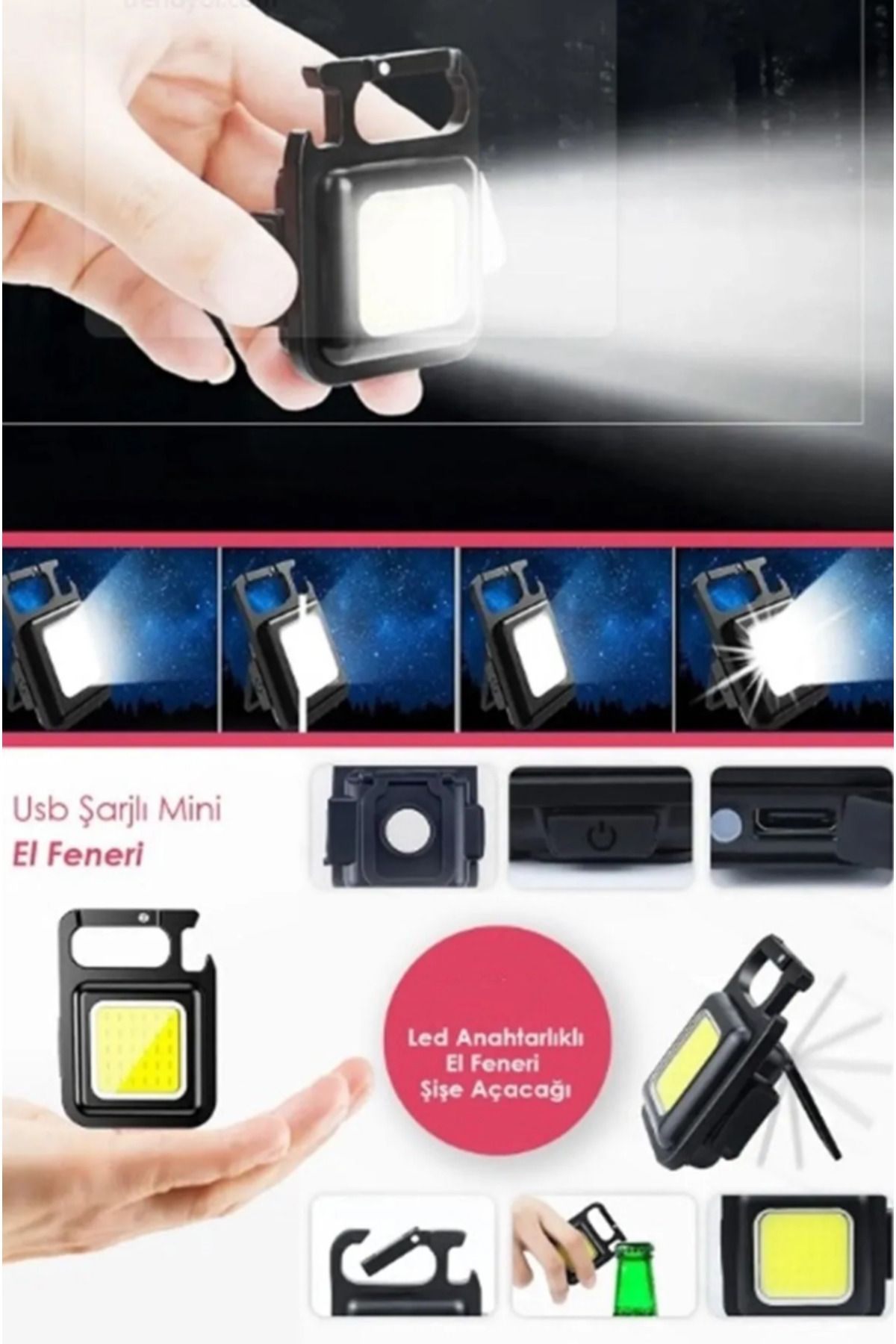 Şarj Edilebilir Mini Led Işık Çok Amaçlı Anahtarlık Mıknatıslı Şişe Açacağı
