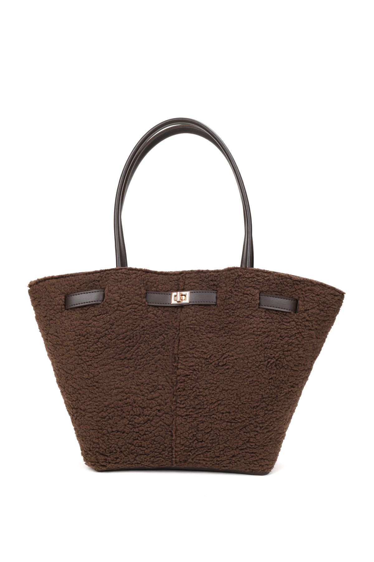 NOTHING-Women's Bitter Brown Plush Magnet Closure Lock Detailed Hand and Shoulder Bag 1