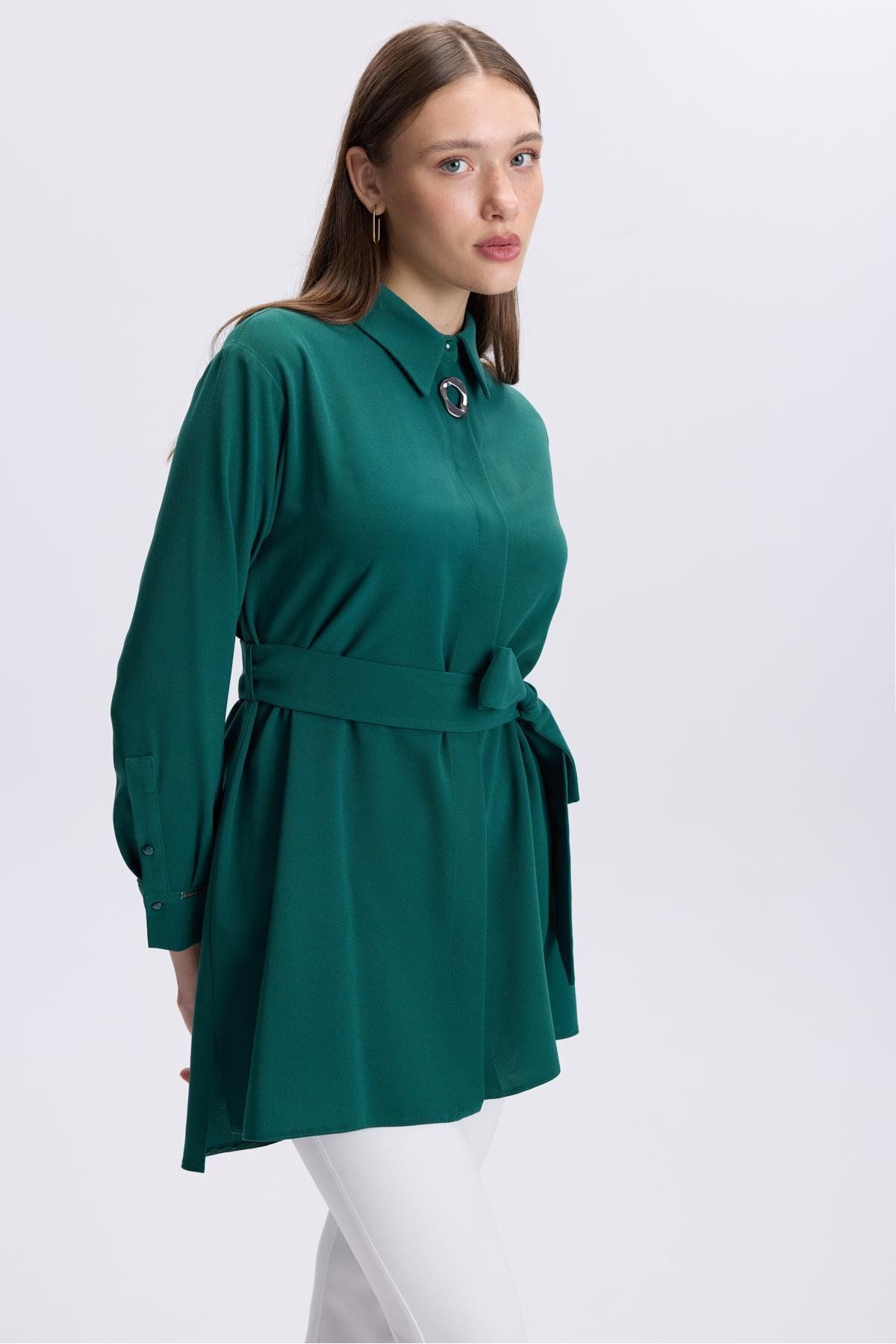 Zühre-Emerald Tunic - with Brooch Detail and Waist Tie T-1497 4