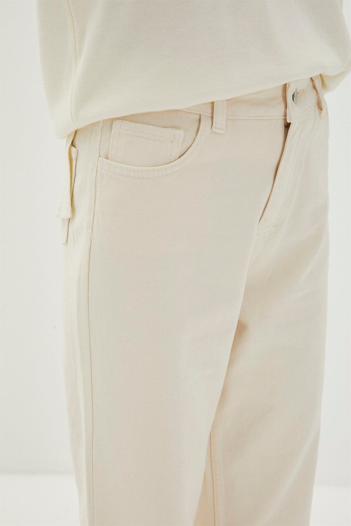 Zühre-High Waist and Wide Leg Beige Denim Trousers - P-0140 5