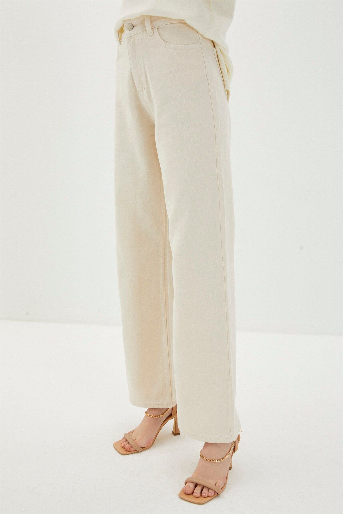 Zühre-High Waist and Wide Leg Beige Denim Trousers - P-0140 3