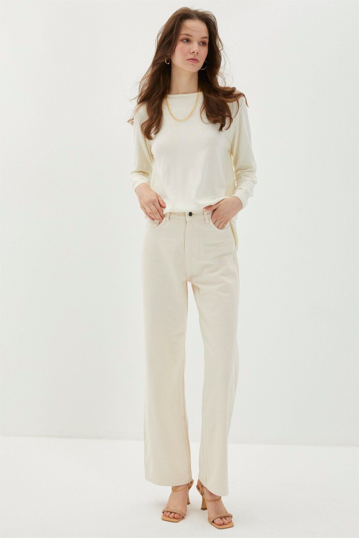 Zühre-High Waist and Wide Leg Beige Denim Trousers - P-0140 2