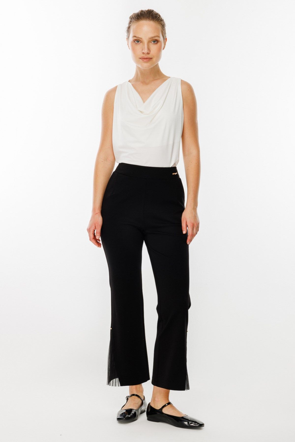 Ekol-Black Lycra and Tulle Slit Pants 1