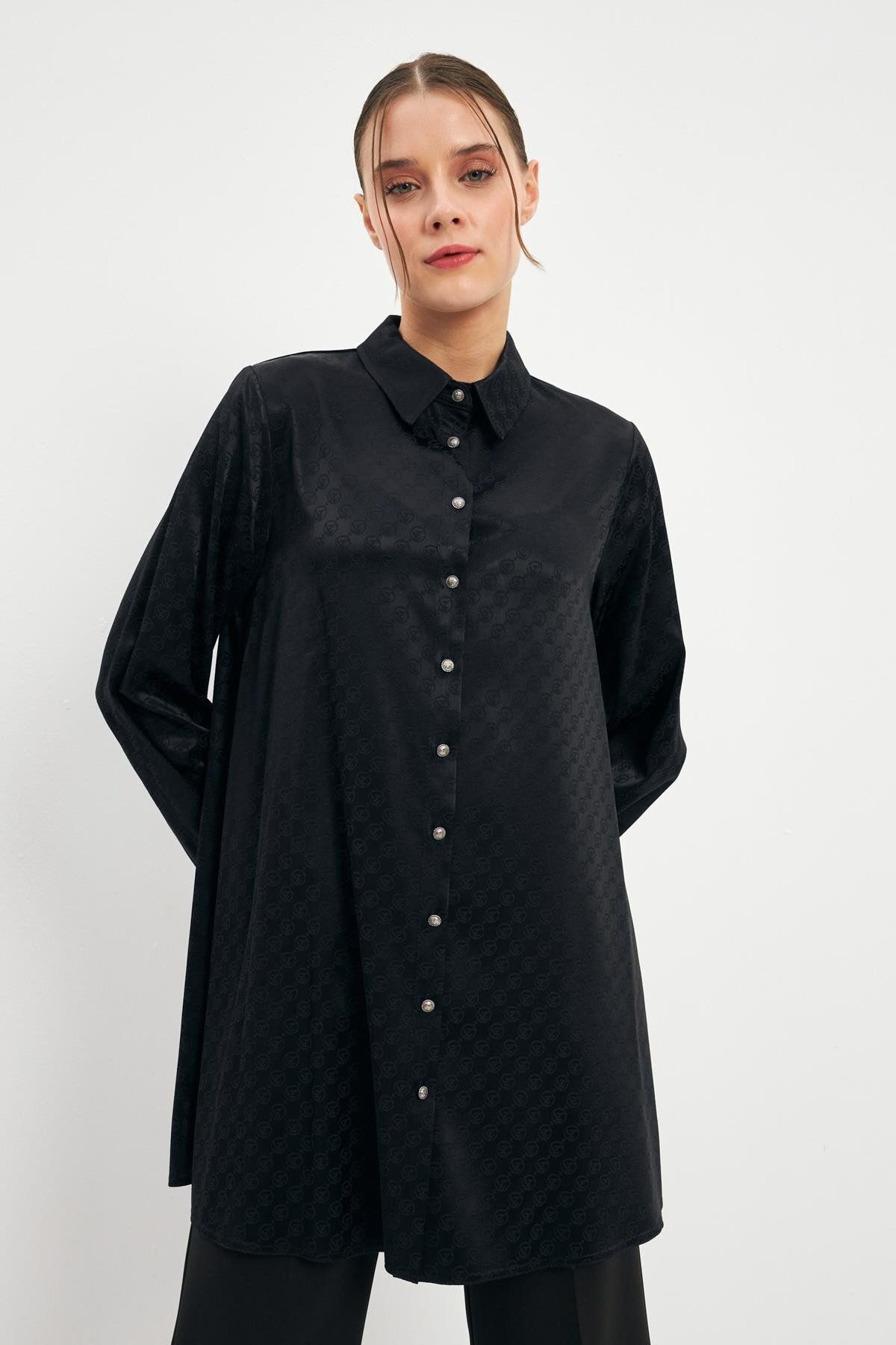 Zühre-Black Monogram Print Buttoned Shirt - T-1515 5