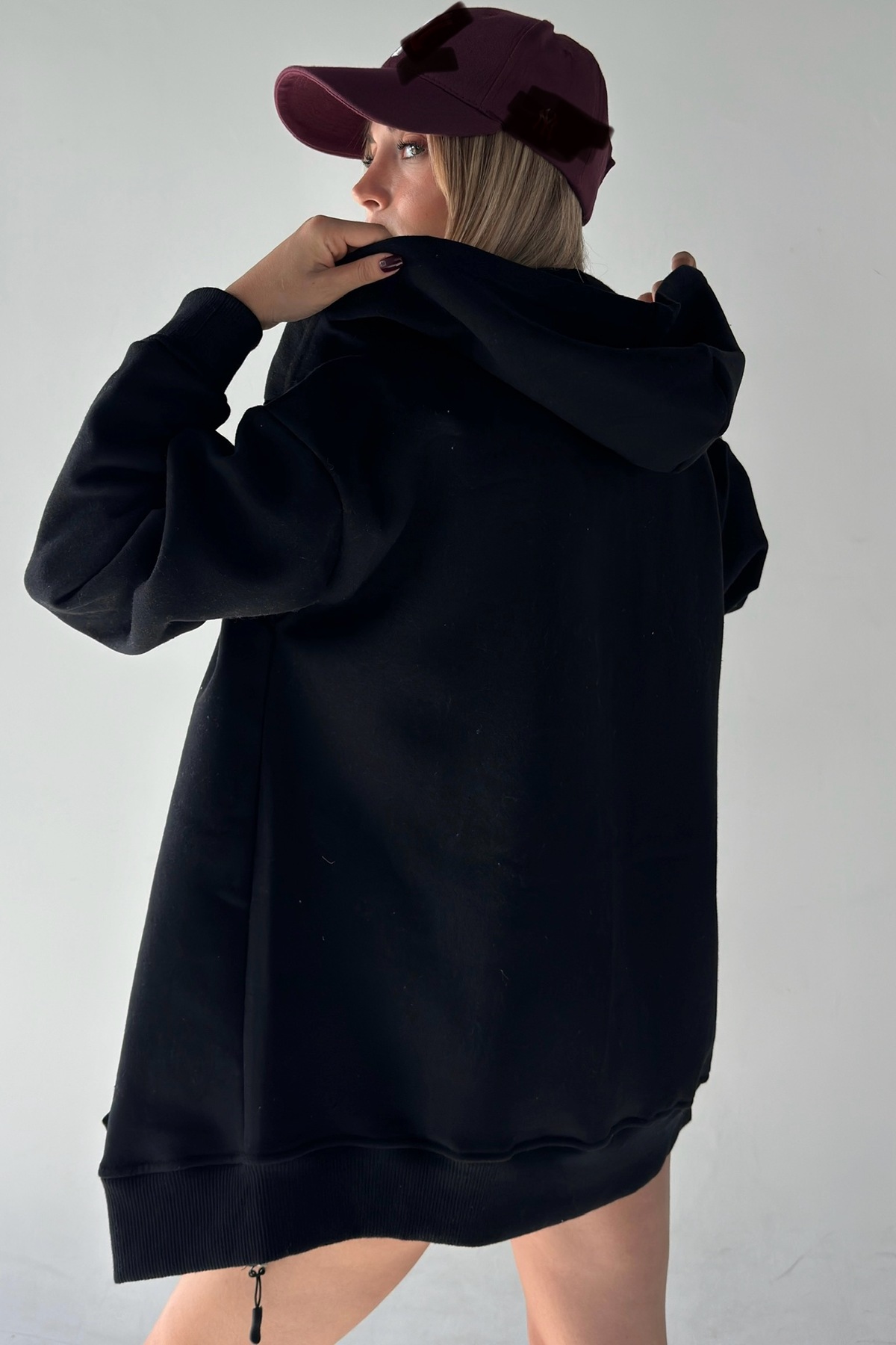 Oversize Unisex Üç İplik Kalın Fermuarlı Sweatshirt Hırka KGT-SW05X0 — مشکی — تصویر 3 از 4