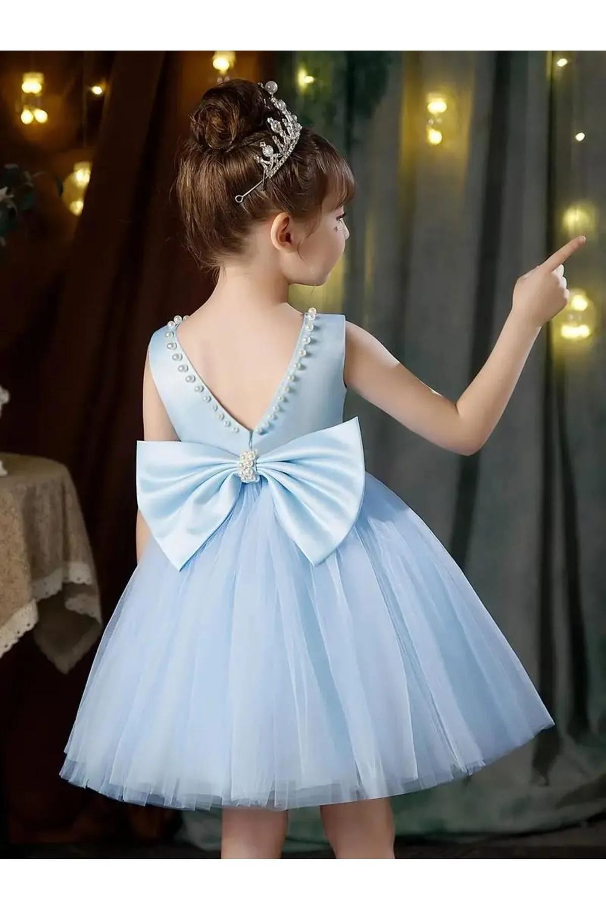 miço kids-Girl's Neck Pearl Detailed Baby Blue Princess Evening Dress 3