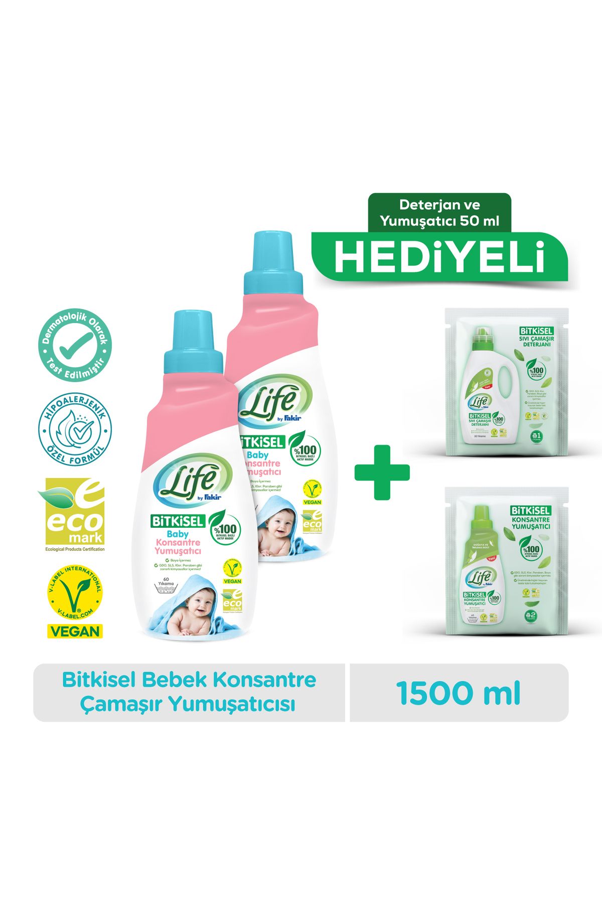 Life by Fakir Bitkisel Sıvı Bebek Çamaşır Yumuşatıcısı 1500ml X 2 Adet