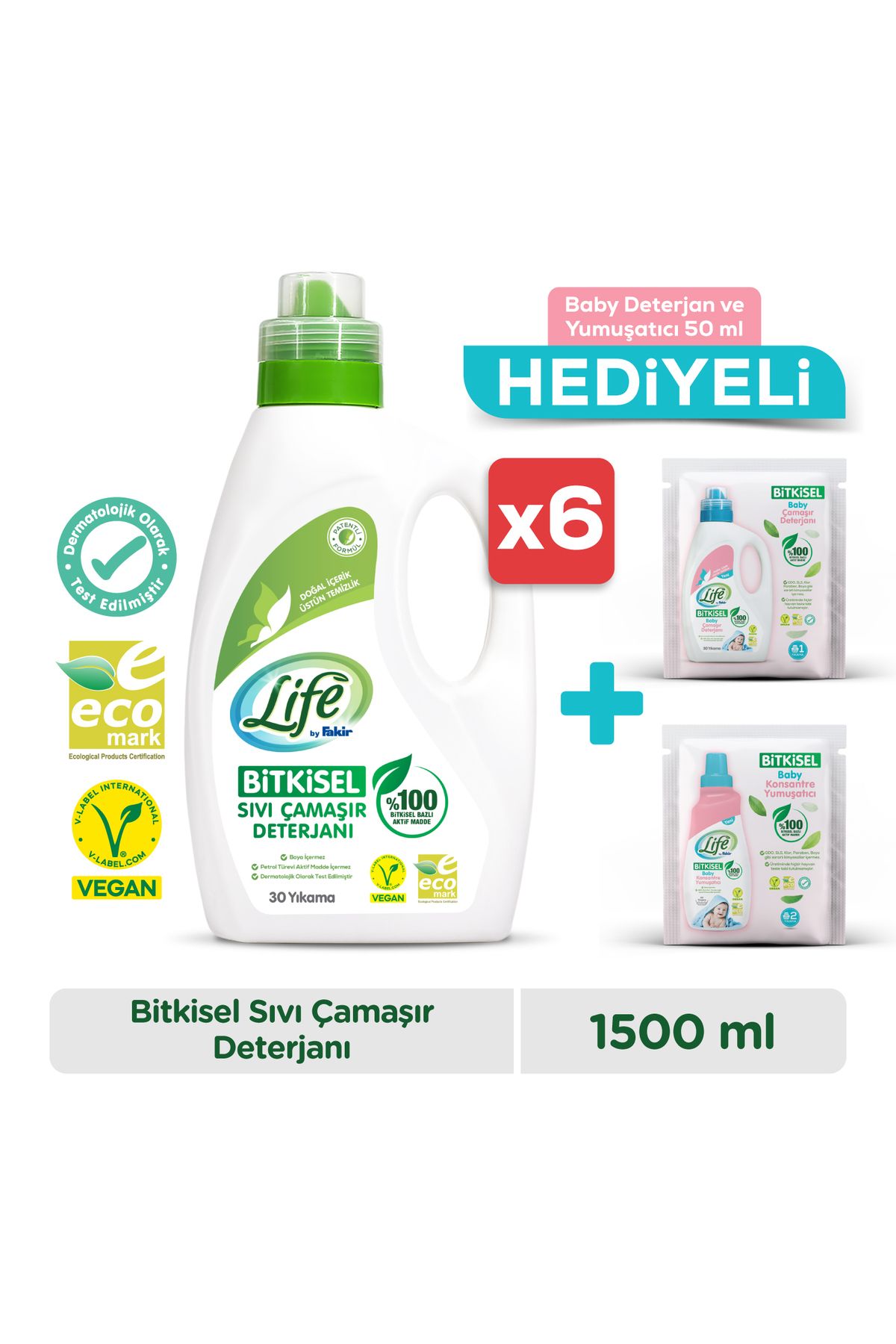 Life by Fakir Bitkisel Vegan Sıvı Çamaşır Deterjanı 1500 ml X 6 Adet