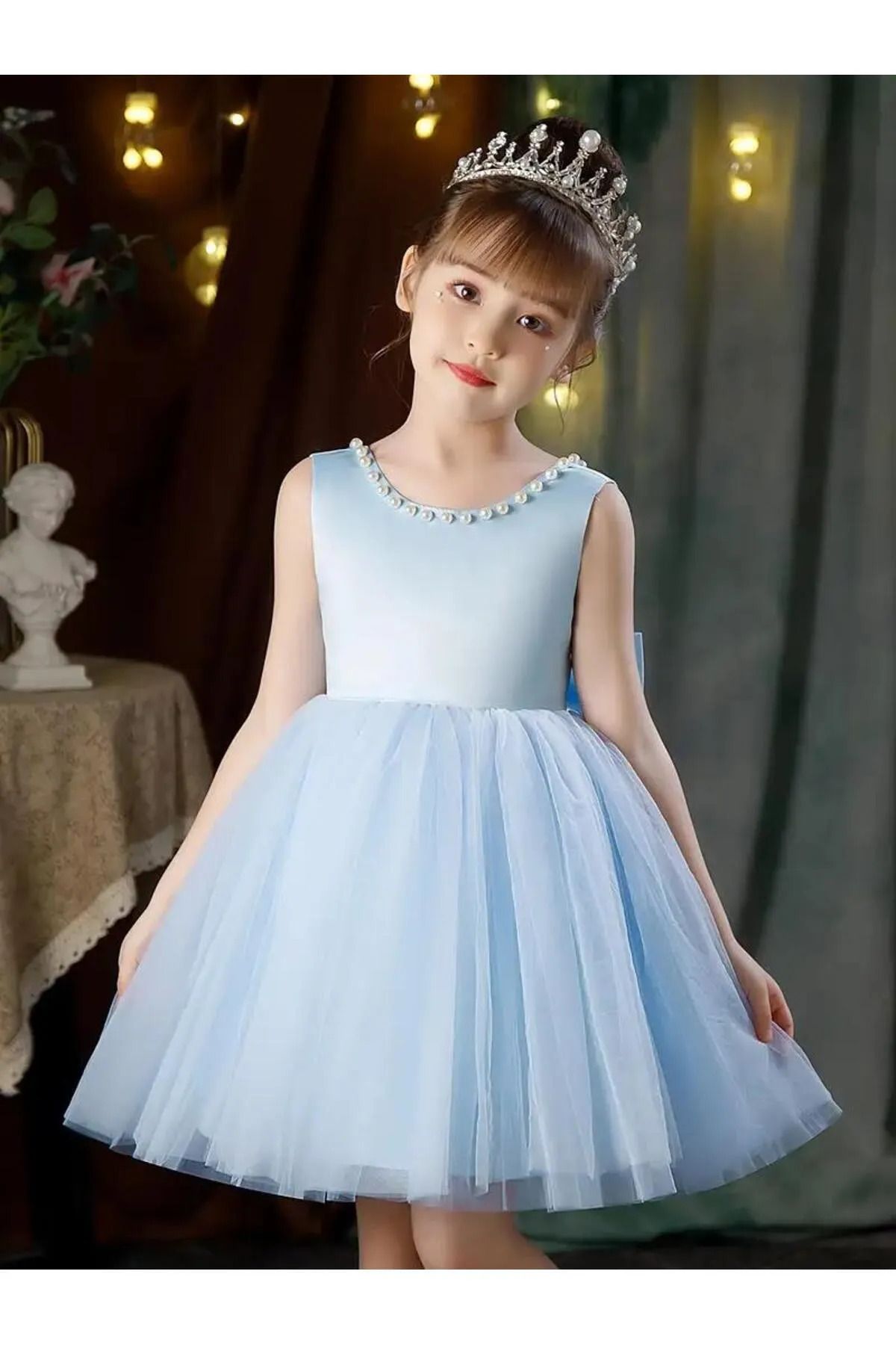 miço kids-Girl's Neck Pearl Detailed Baby Blue Princess Evening Dress 1