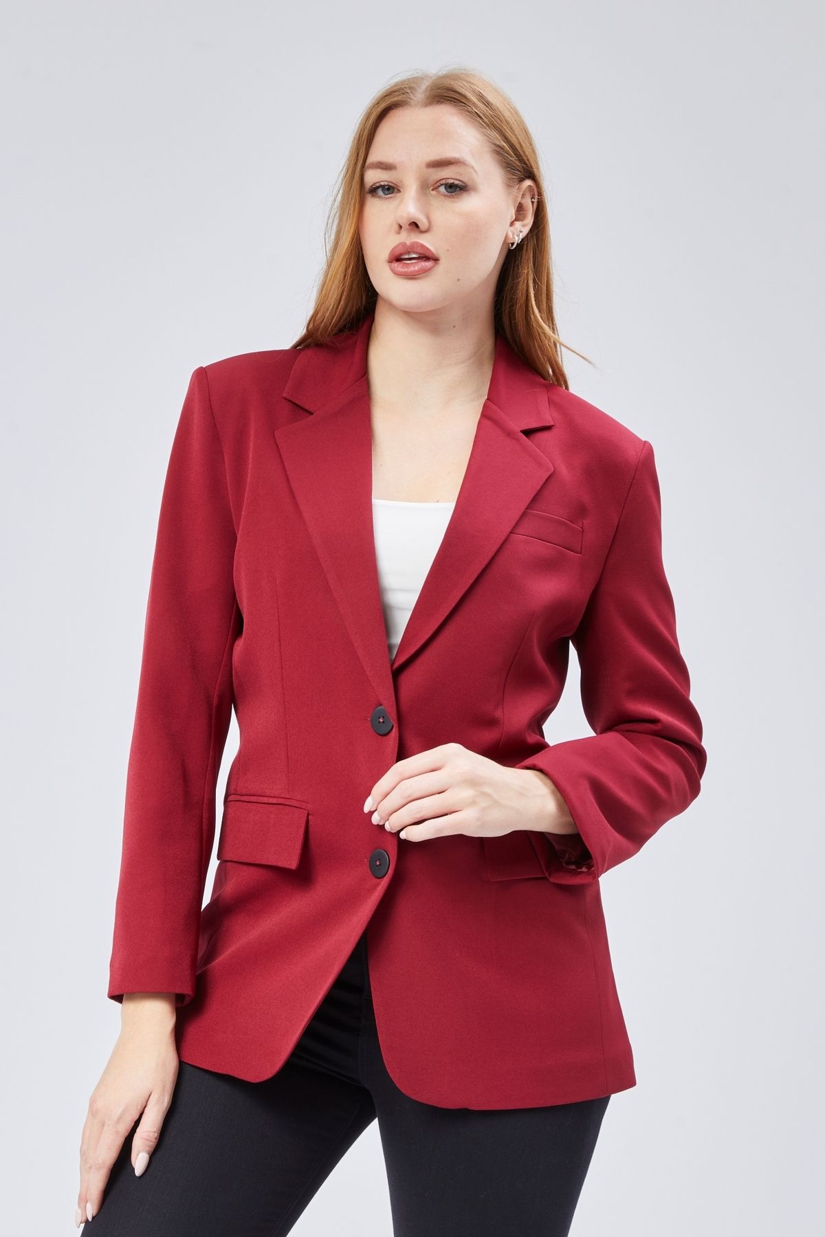 Bolivente-Burgundy Women's Buttoned Oversize Blazer Jacket 2