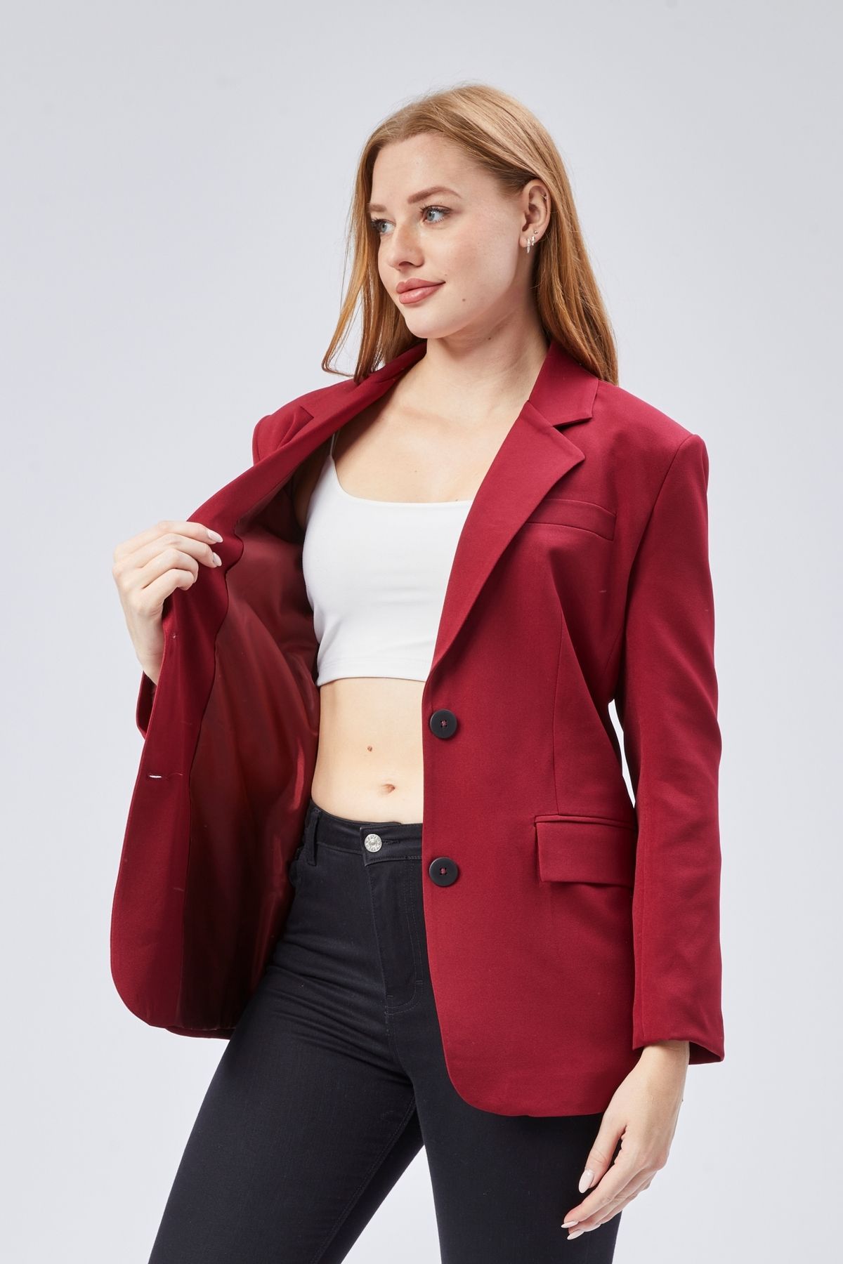 Bolivente-Burgundy Women's Buttoned Oversize Blazer Jacket 8