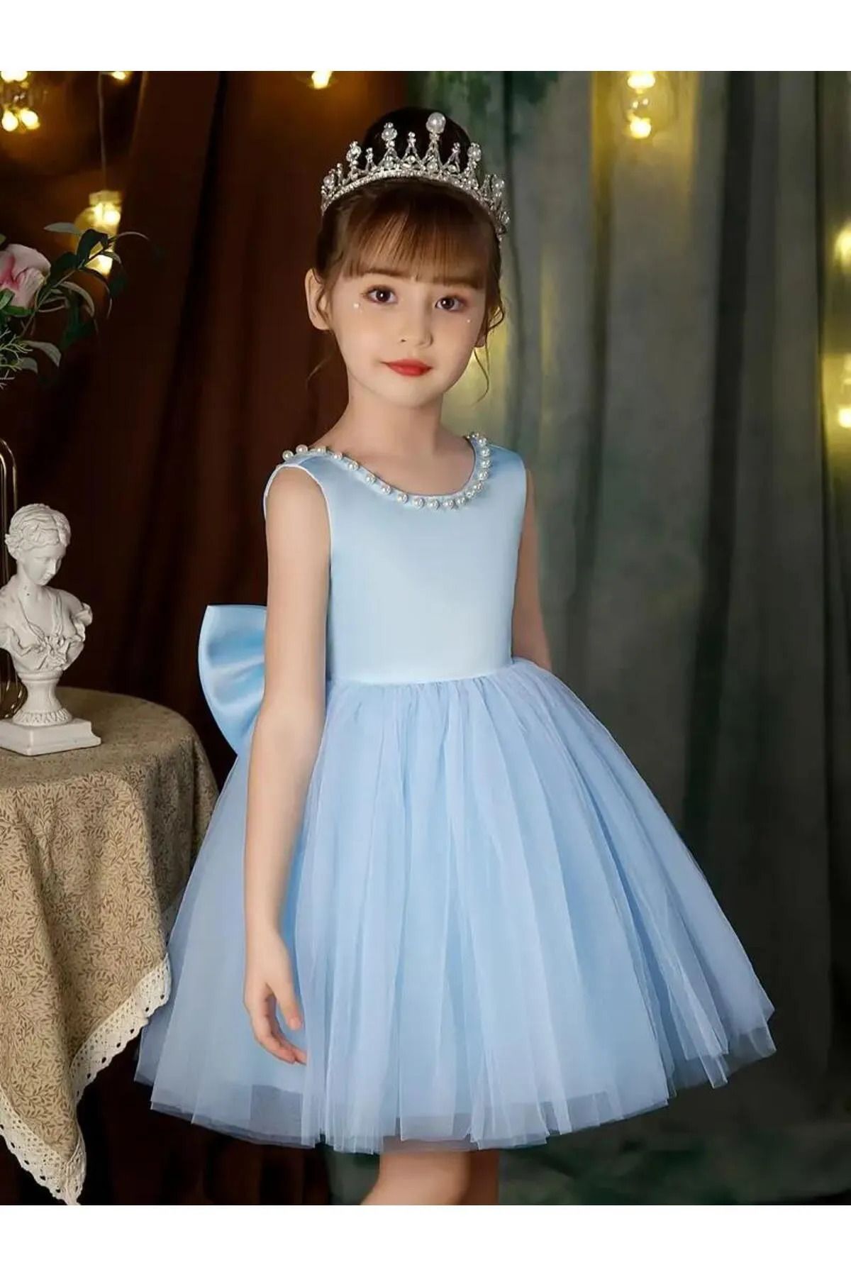 miço kids-Girl's Neck Pearl Detailed Baby Blue Princess Evening Dress 2