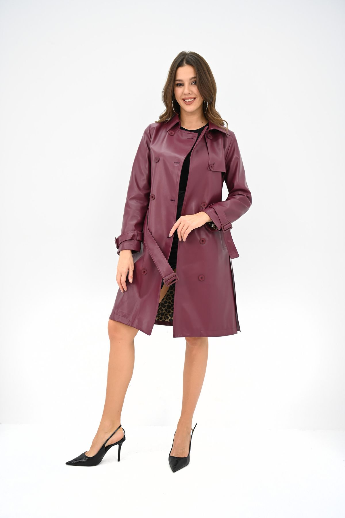 Koza Butik-Women's Leather Belted Trench Coat 2500-25 1