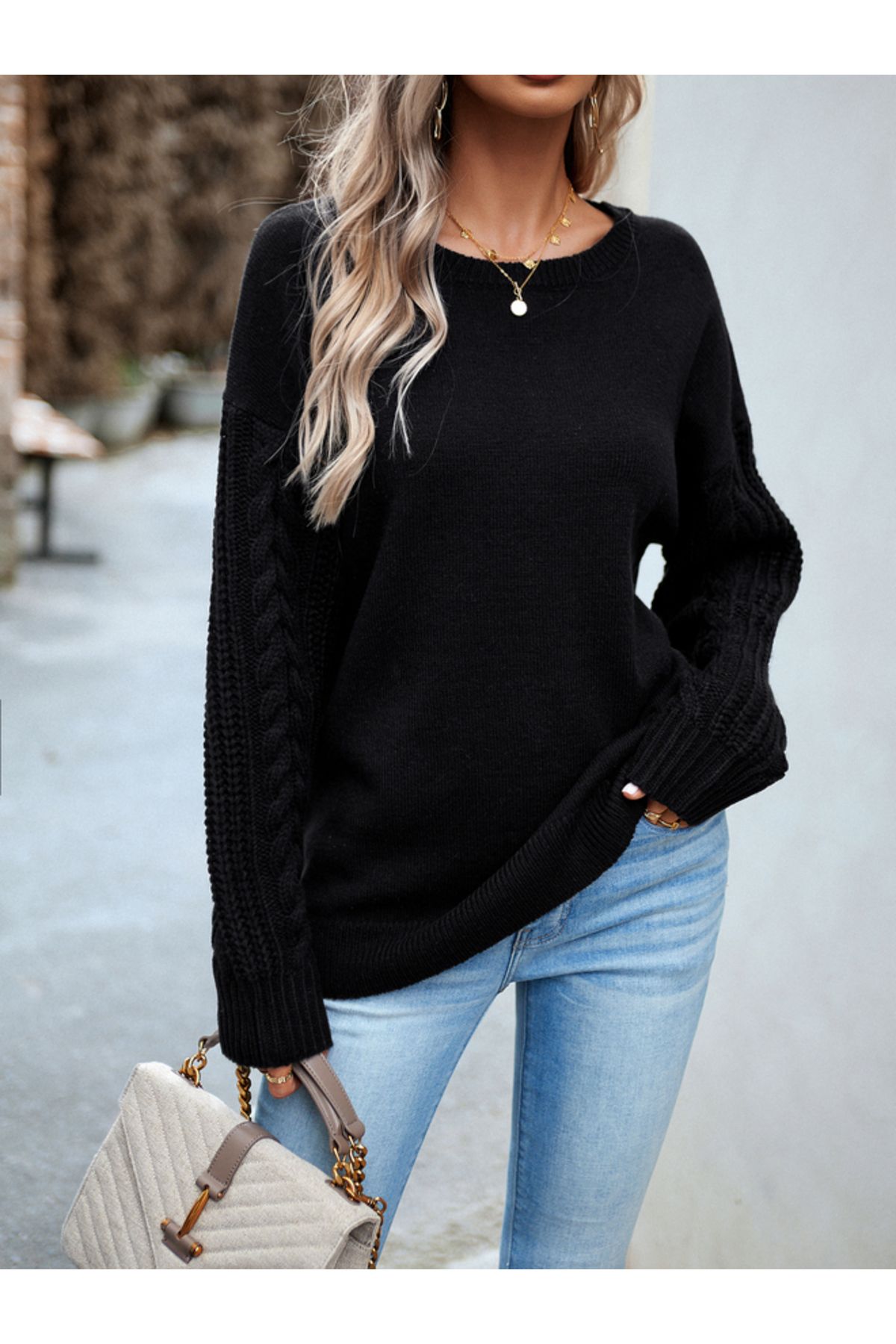 DY By Styli-Cable Knit Detail Sleeves Regular Fit Sweater 3