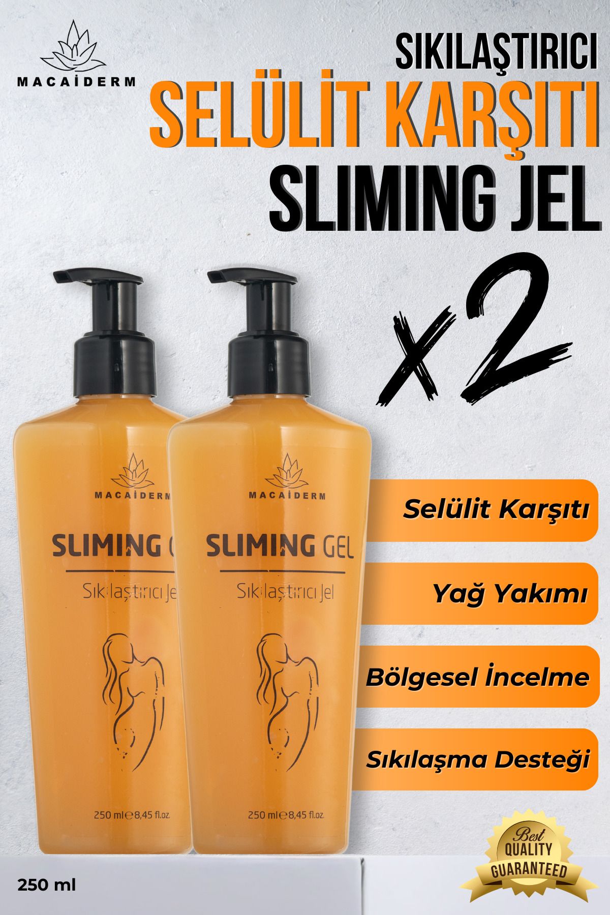 Macaiderm 2'li Selülit Gidermeye Yardımcı Sliming Gel Sıkılaştırmaya Ve İnceltmeye Yardımcı Slim Jel 250 ml