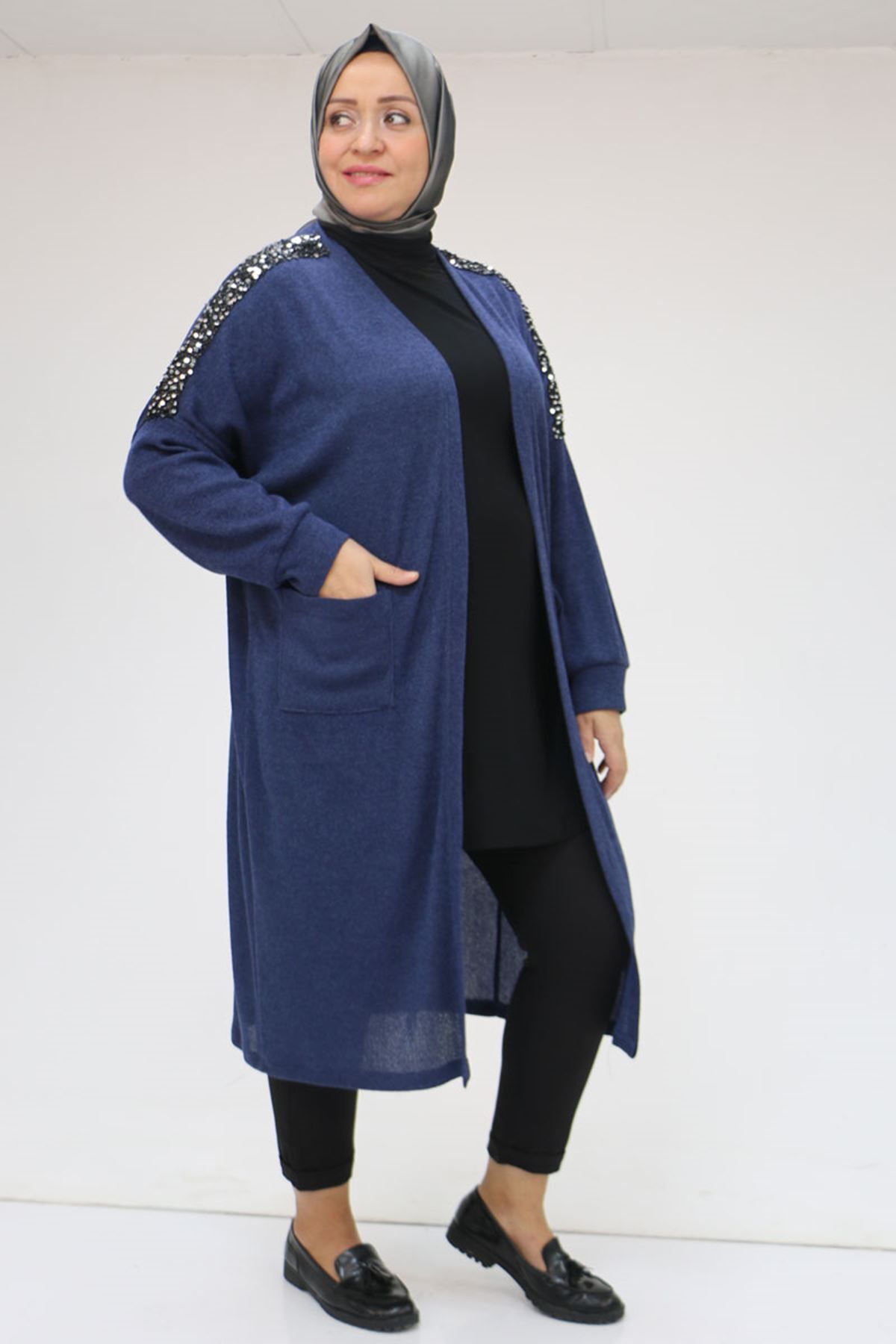 Eslina-43083 Plus Size Low Sleeve Mir Sequin Sequined Jacket - Indigo 4