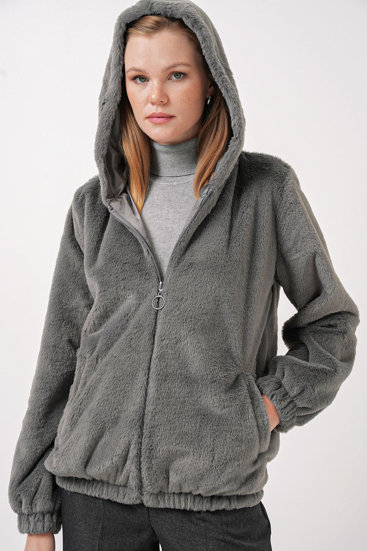 Bigdart-5091 Hooded Fur Lined Coat - Anthracite 3