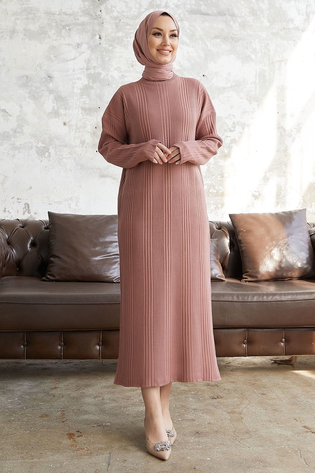 InStyle-Μακρύ Πλεκτό Φόρεμα Arissa Turtleneck - Dusty Rose 1