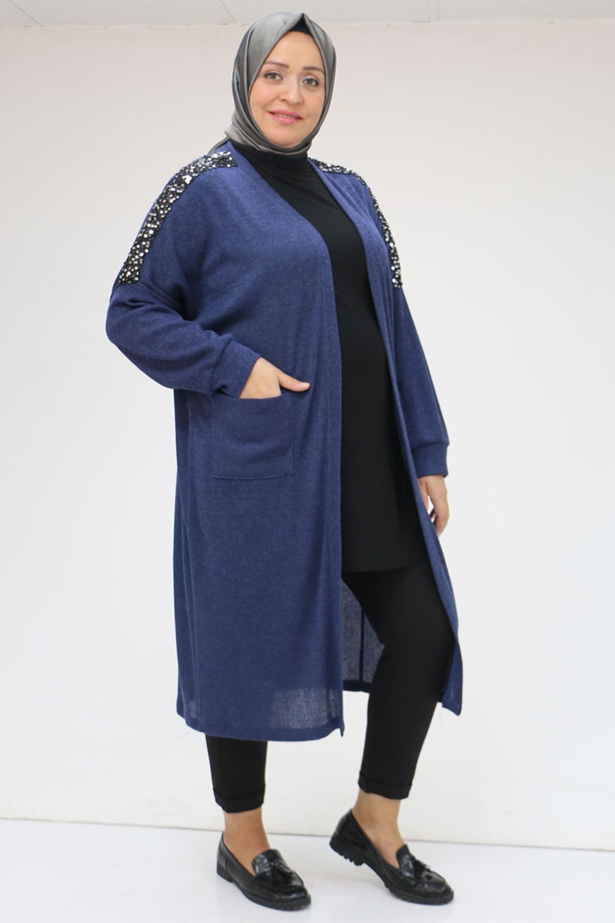 Eslina-43083 Plus Size Low Sleeve Mir Sequin Sequined Jacket - Indigo 2