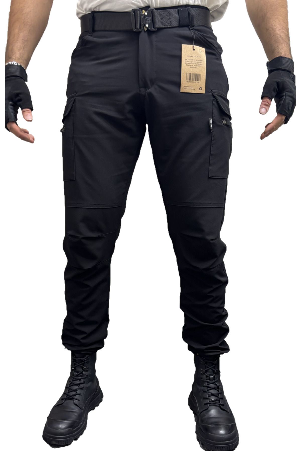 Polviton-Pantaloni cargo tactici Softshell Combat pentru bărbați - buzunare, negru slim fit 2