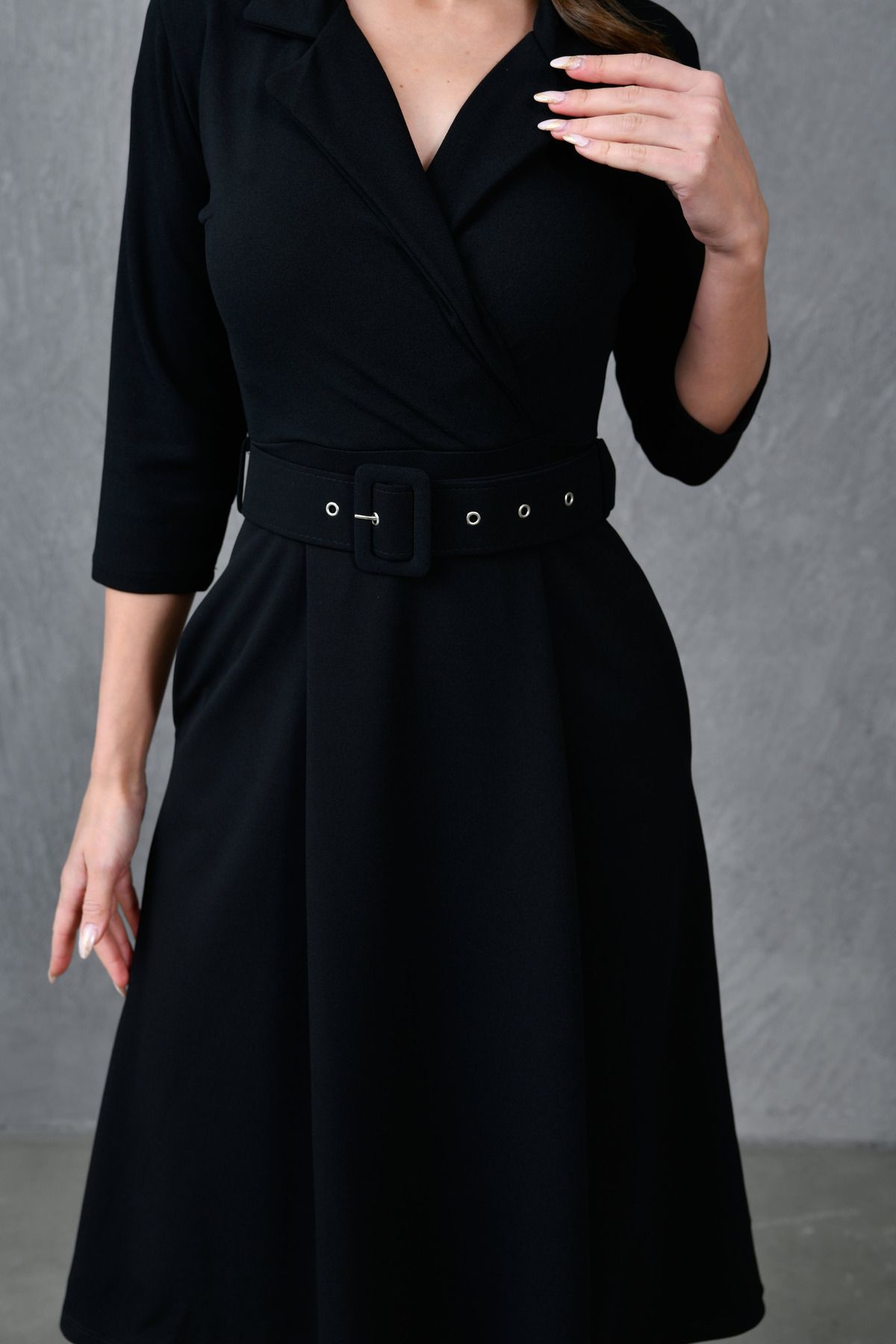 WOMAN VISION-Black Midi Dress for Women - Double Breasted Neckline with 3/4 Sleeves and Belt Detail 020 4