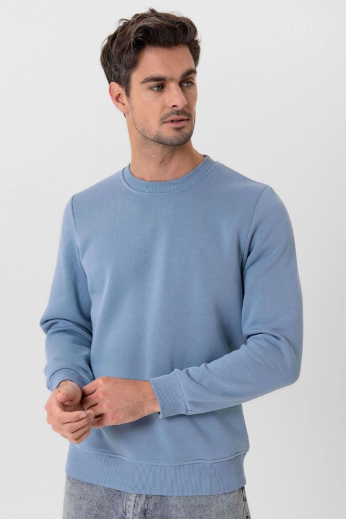 سویشرت ورزشی مردانه قطب ضخیم آبی روشن با یقه قطبی قالب معمولی WINTER TRACE SHIRT T0137 Escetic