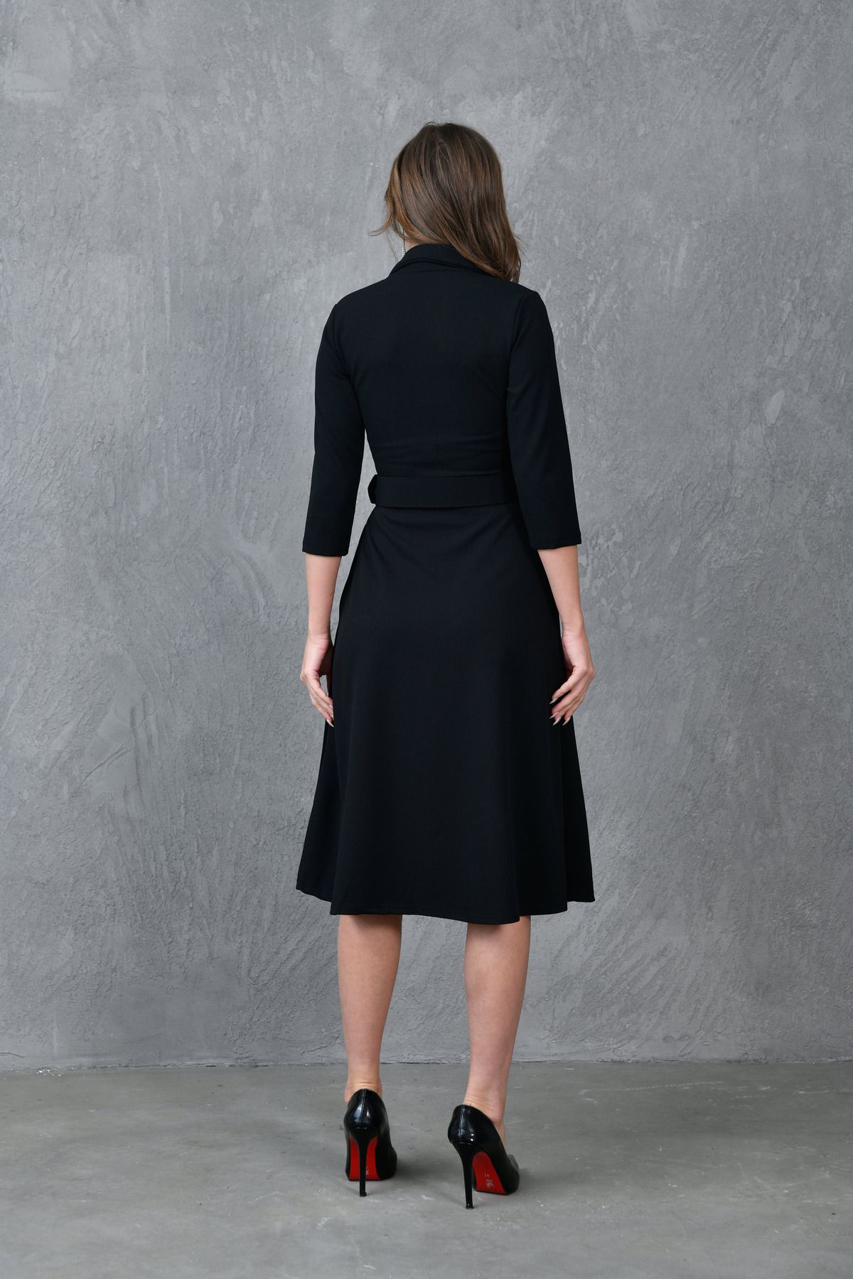 WOMAN VISION-Black Midi Dress for Women - Double Breasted Neckline with 3/4 Sleeves and Belt Detail 020 3