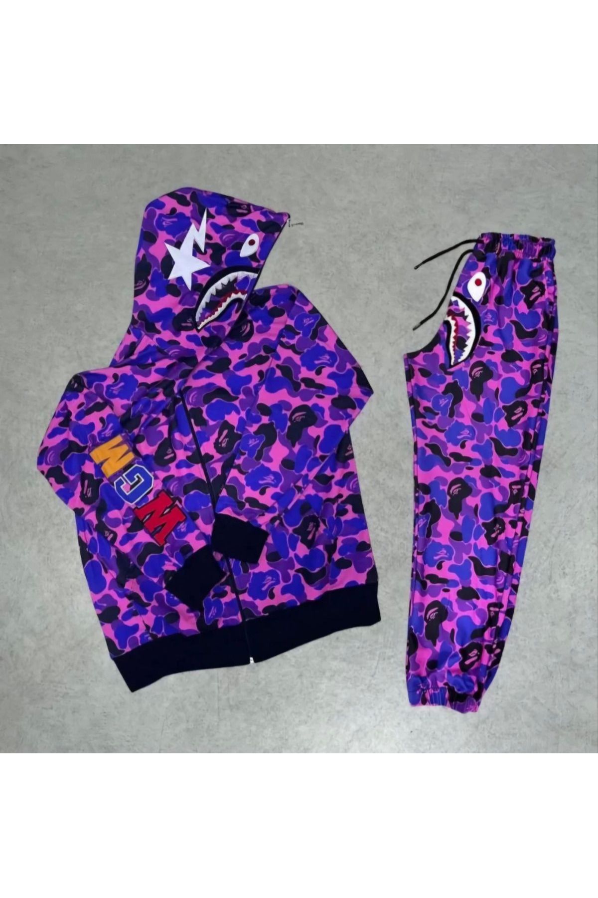 Pink Stil Zıp Fermuarlı Nakışlı Kapüşonlu Takım - Mor