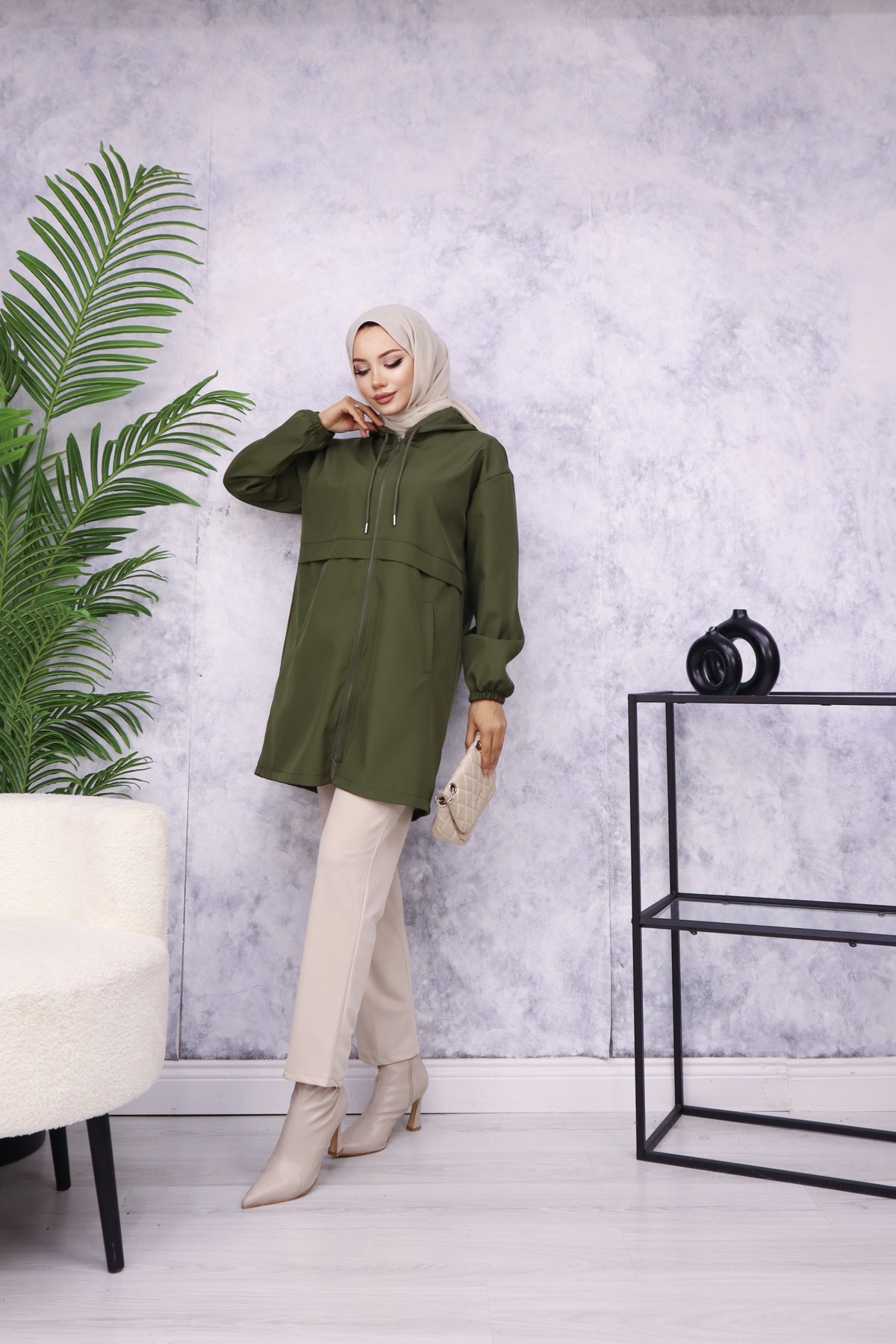 Atelier Lina  Kapüşonlu Fermuarlı Yağmurluk Trençkot - Görsel 3