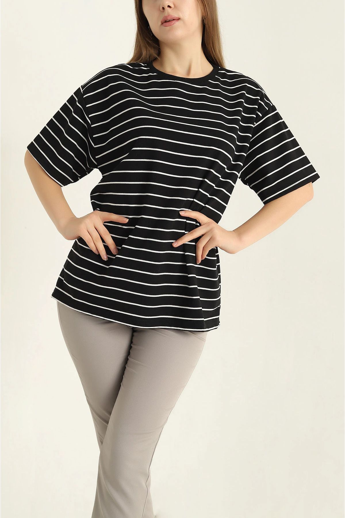 vuvutasarım-New Season Black Striped Two String T-Shirt 2