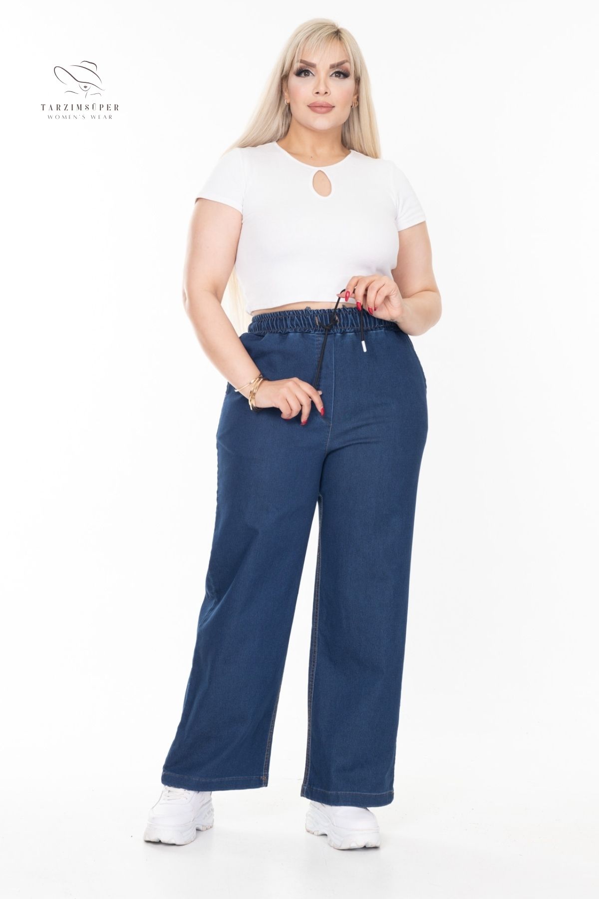 tarzımsüper-Plus Size Elastic Waist Comfort Model Wide Leg High Waisted Soft Texture Jeans Jeans 6