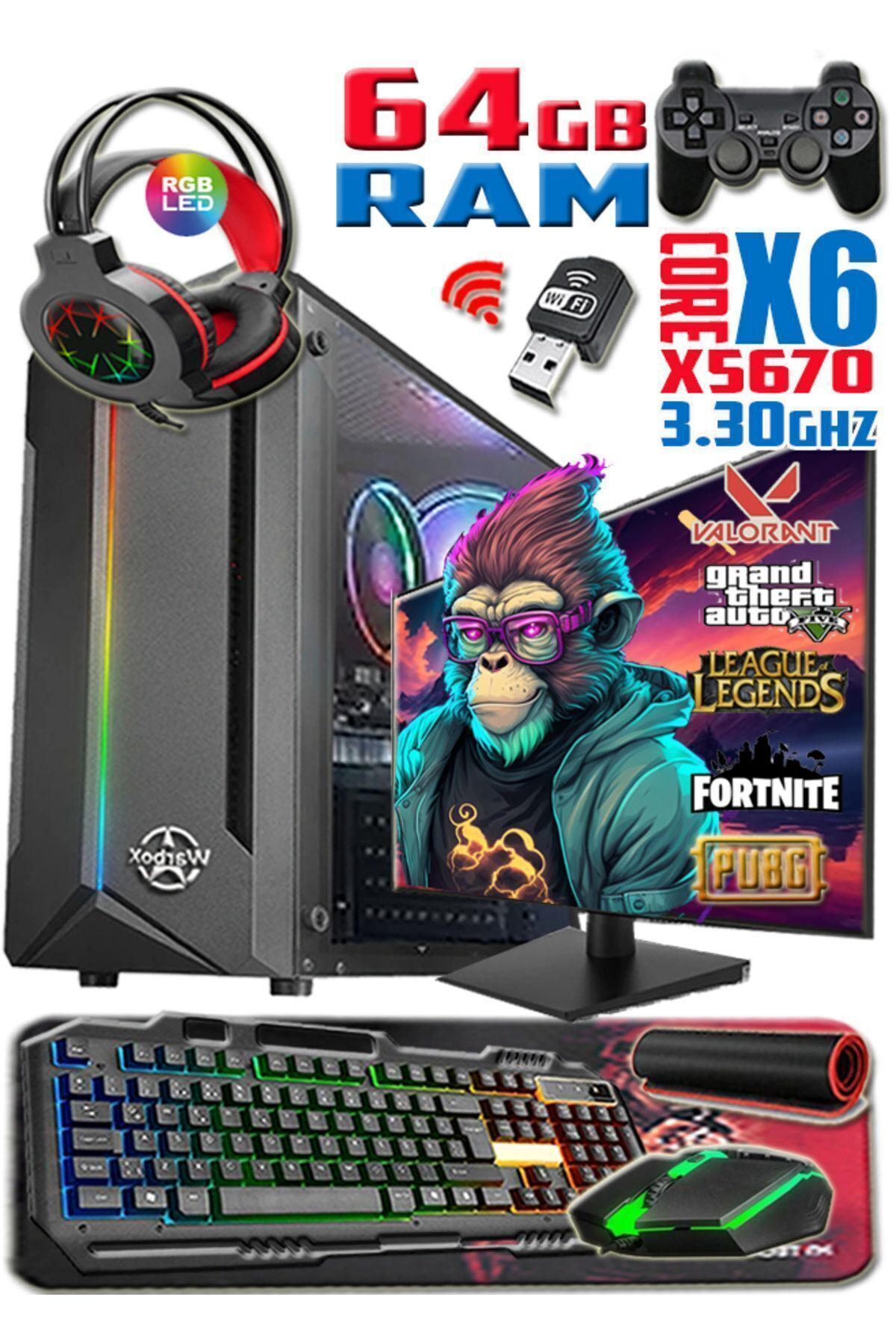 Monkey Xeon X5670 64gb Ram 256gb Ssd 250gb Hdd R7 240-4gb E.kartı 20" Monitör Gaming Bilgisayar