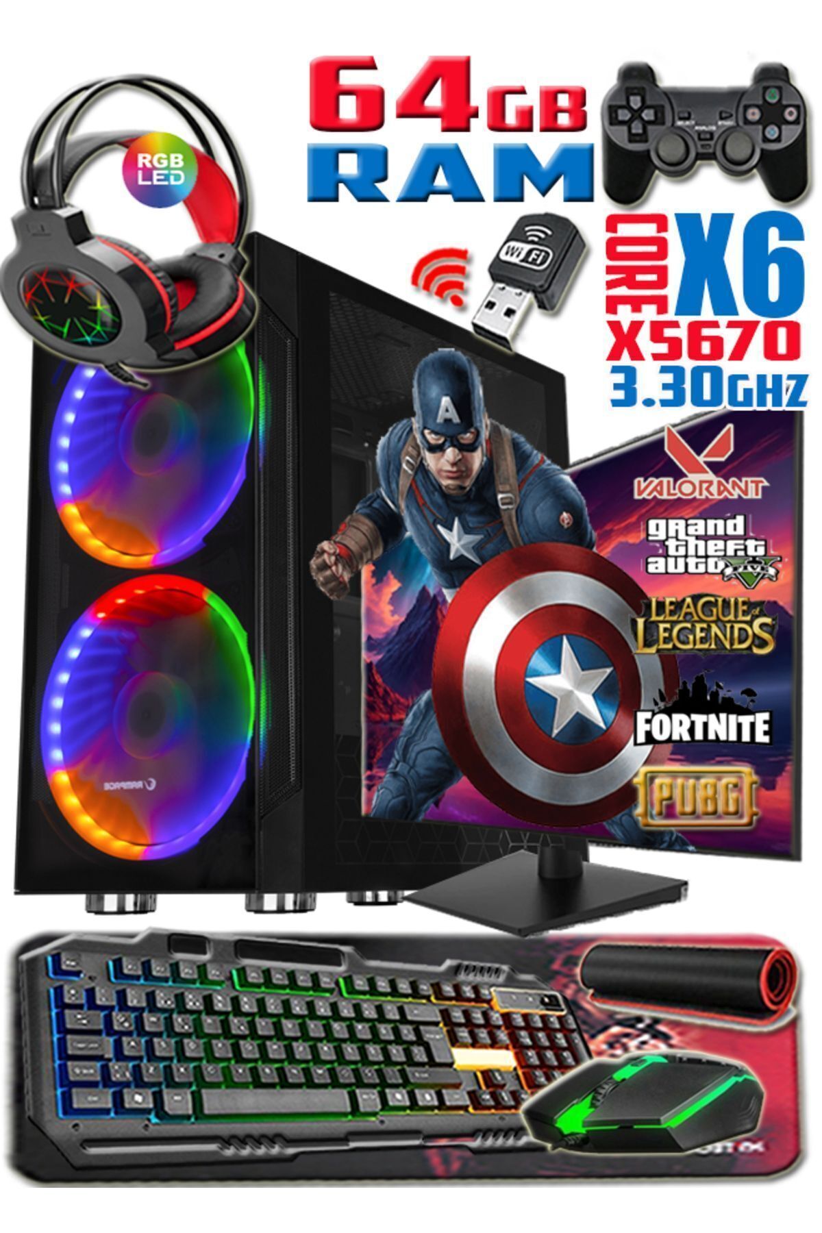 Kaptan Xeon X5670 3.30ghz 64gb Ram 512gb Ssd Rx 580-8gb E.kartı 24" Monitör Gaming Bilgisayar