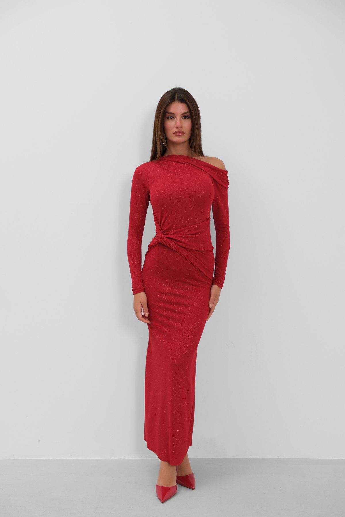 Black Fashion-Red Dress with Low-Shoulder Stone Detail 1