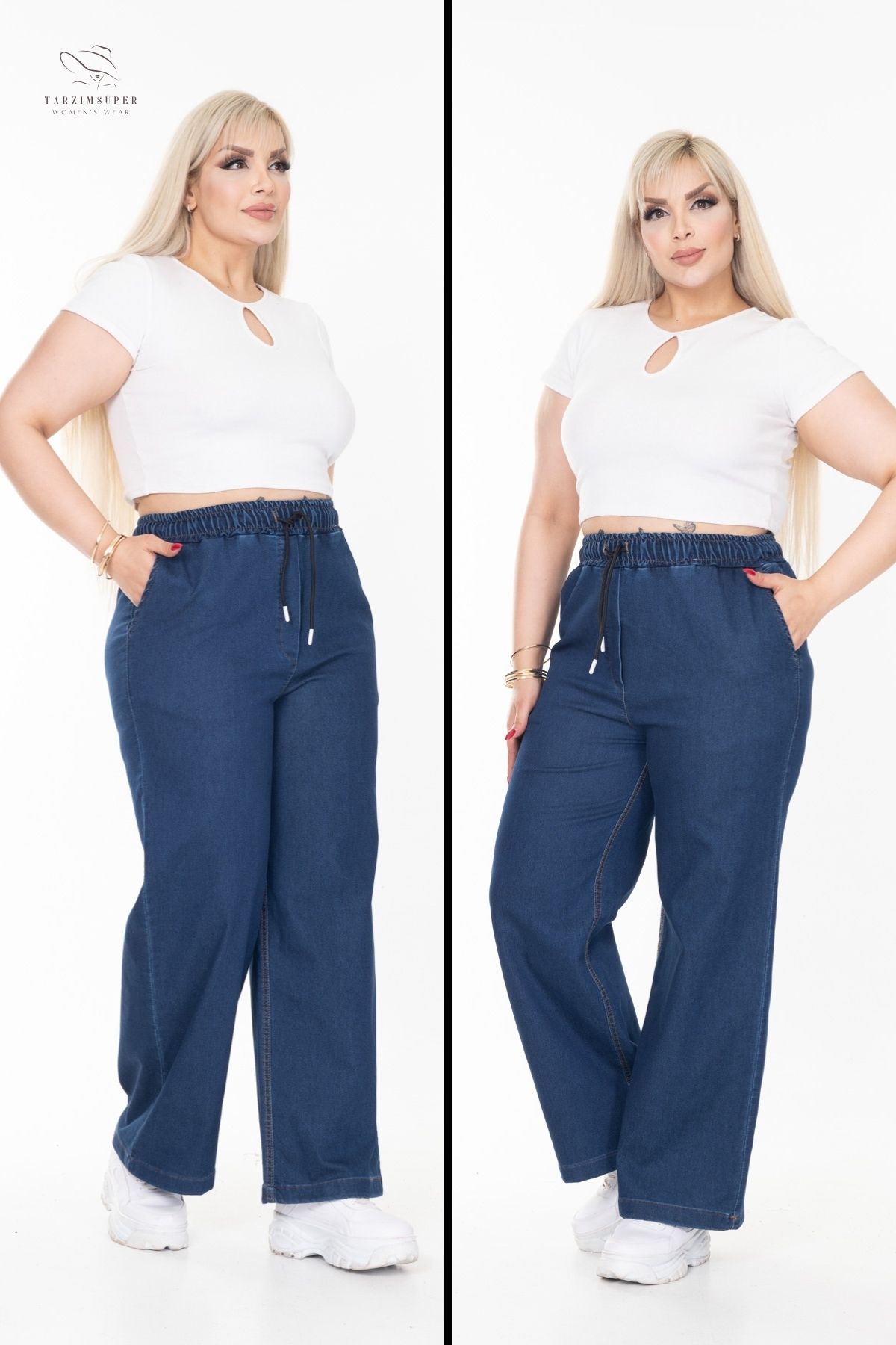 tarzımsüper-Plus Size Elastic Waist Comfort Model Wide Leg High Waisted Soft Texture Jeans Jeans 8