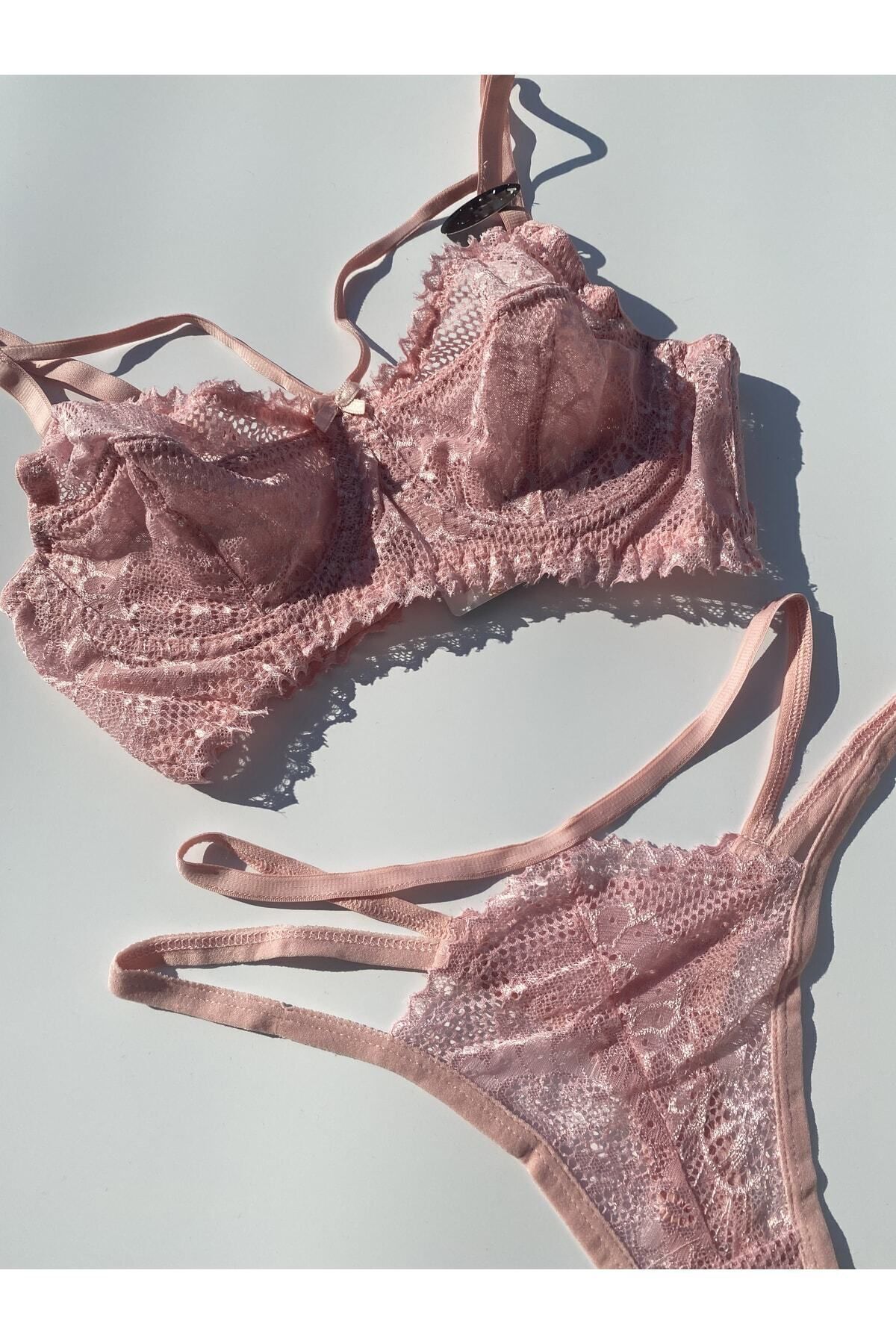 ARONA - Pudra Pembe Ip Şerit Detaylı Kapsız Bralet Sütyen Tanga Iç Çamaşırı Takımı - Lingerie Haven