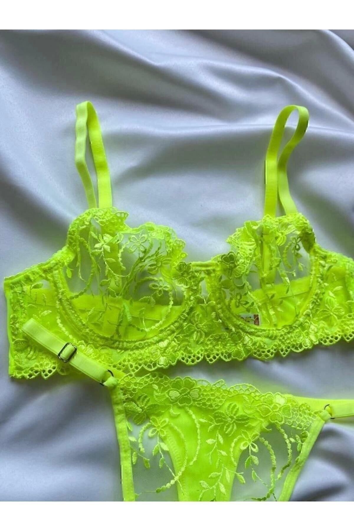 ARONA-Sutien cu broderie din tul cu sârmă, galben neon, verde, set de lenjerie de corp Bralette Thong - Lingerie Haven 3