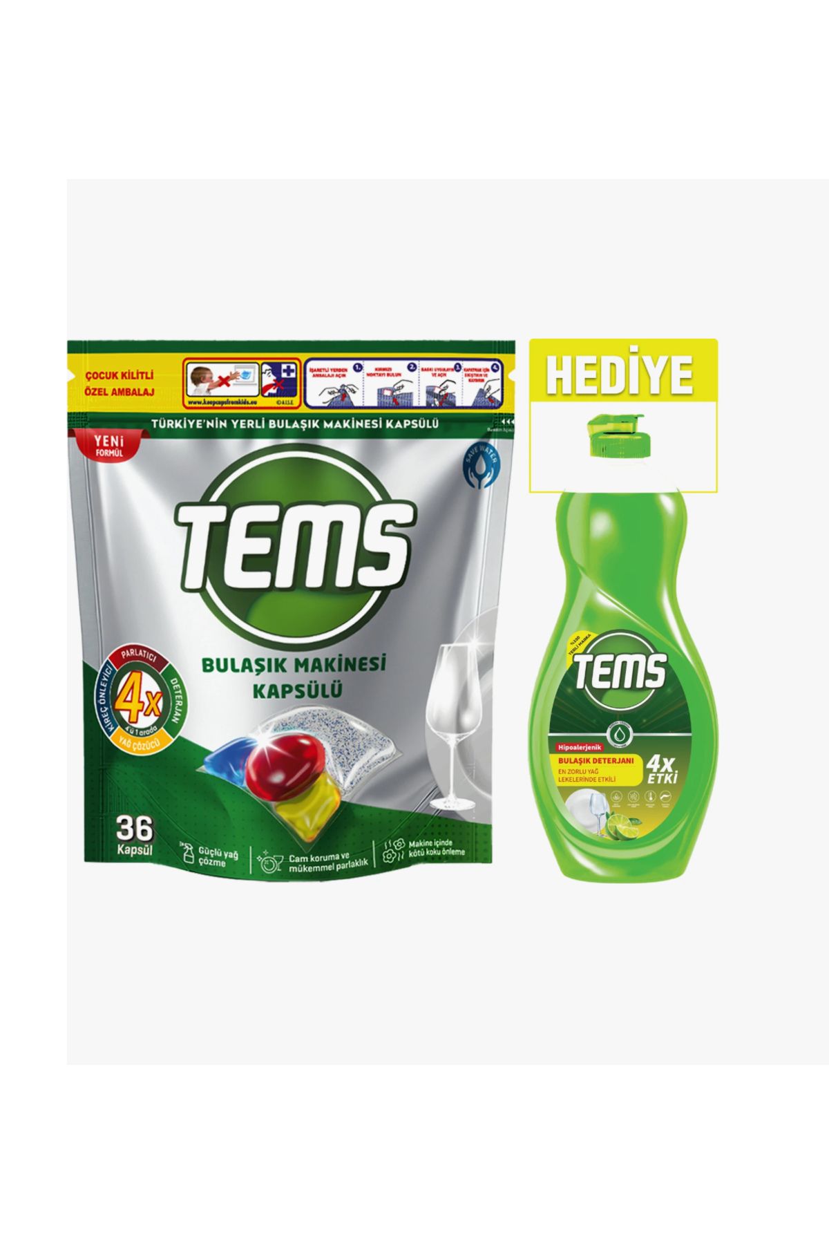 TEMS 4 Etki Bulaşık Makinesi Kapsül Deterjanı 36'lı+ 500 ml Sıvı Bulaşık Deterjanı