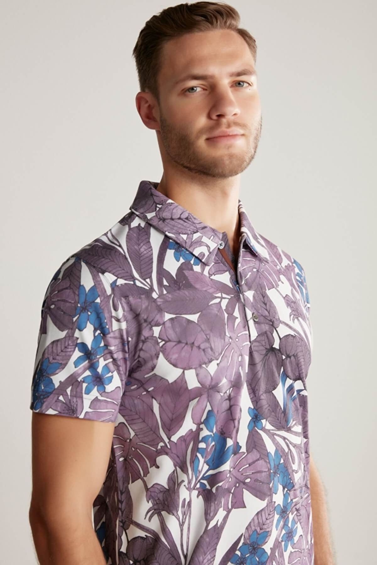 Hemington-Floral Print Purple Polo Neck T-Shirt Size: S 2